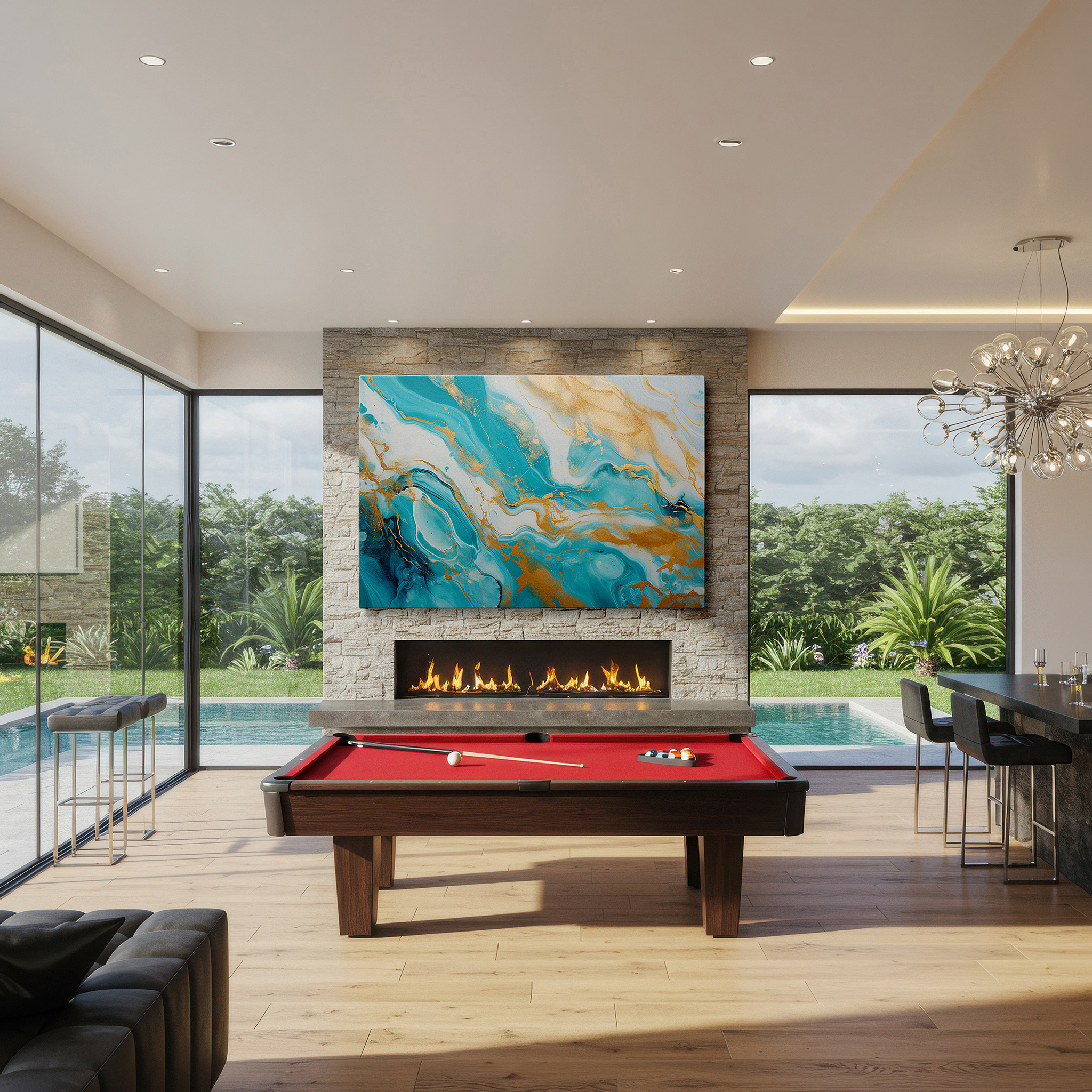 Hung in a cozy reading nook beside a floor lamp and bookshelf — turquoise and gold swirls: oceanic elegance and sunlit opulence in dynamic large wall art, canvas wall art