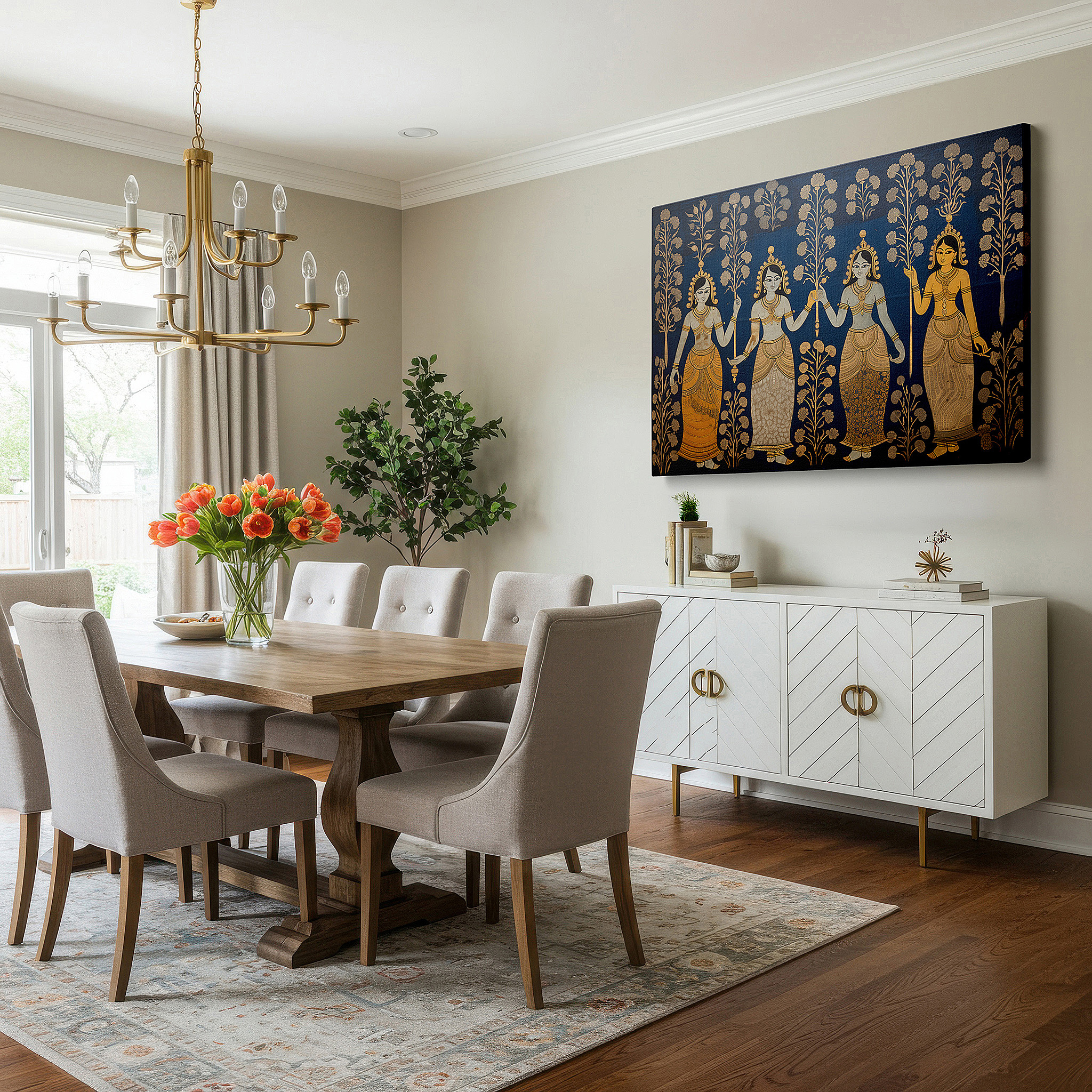 Hung in a cozy reading nook beside a floor lamp and bookshelf — twilight divine femininity: celebrating goddesses in celestial blues and crimson - large canvas wall art for office decor