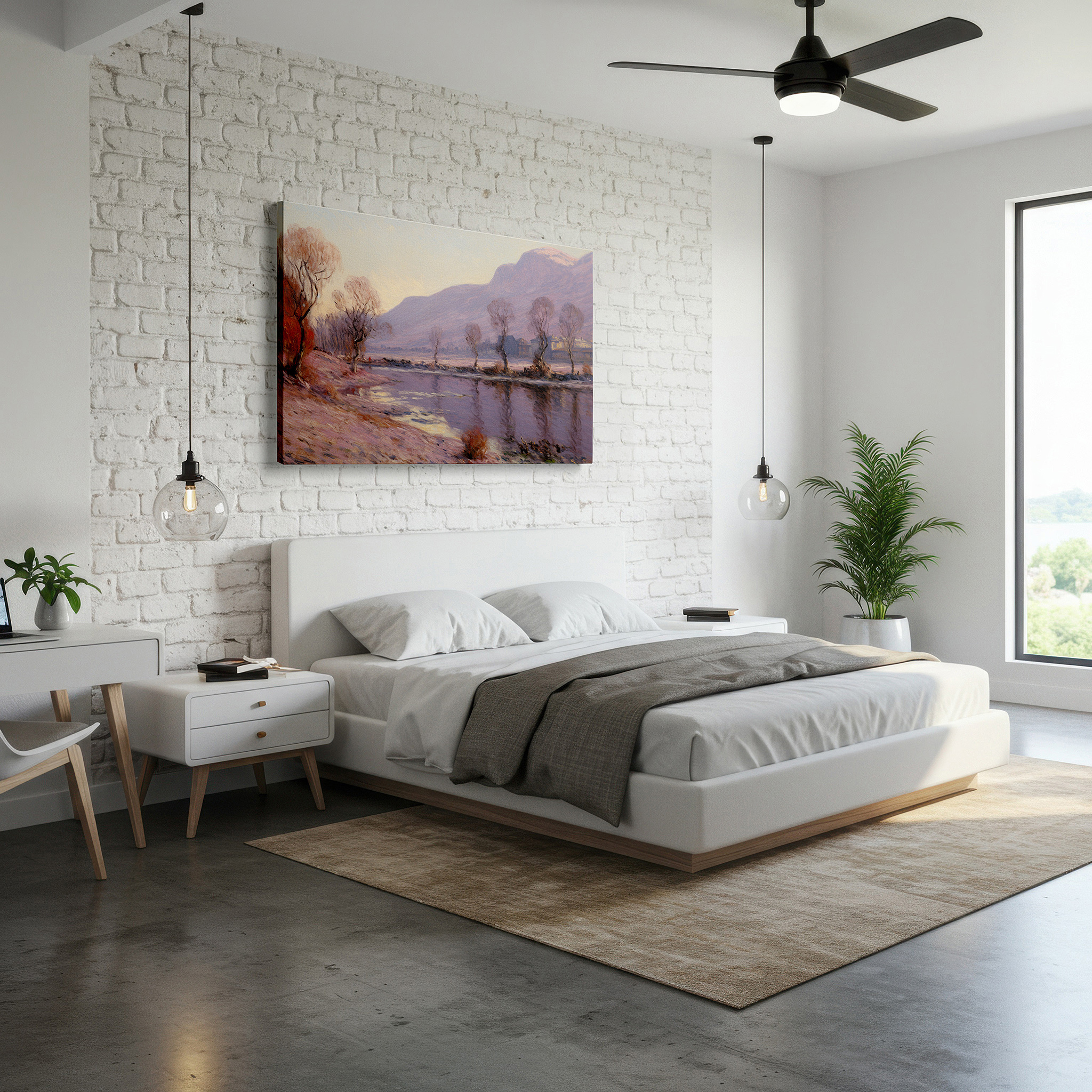 Hung in a cozy reading nook beside a floor lamp and bookshelf — twilight serenity: large canvas wall art featuring reflective lakeside and silhouetted trees for office and bedroom decor