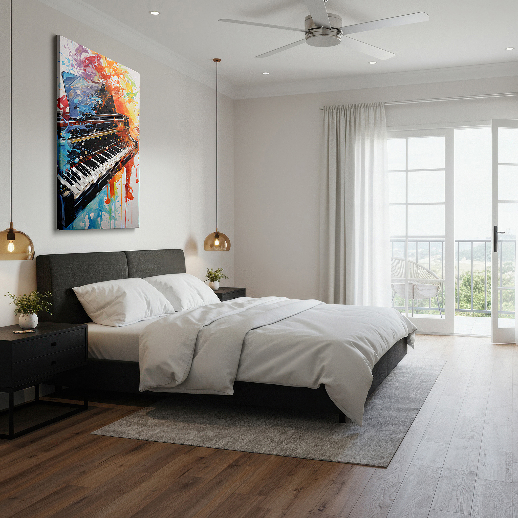 Hung in a cozy reading nook beside a floor lamp and bookshelf — vibrant and dynamic grand piano abstract symphony large canvas wall art for office and bedroom decor