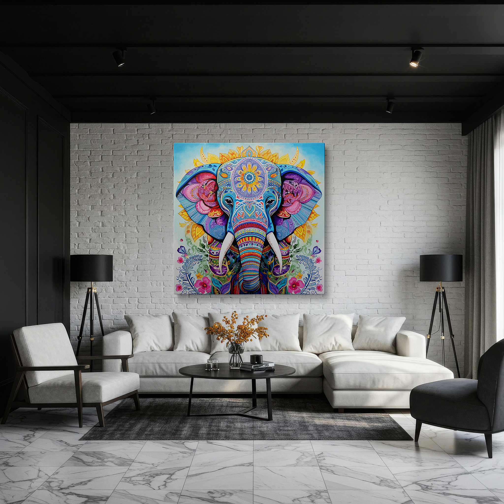 Hung in a cozy reading nook beside a floor lamp and bookshelf — vibrant elephant canvas featuring floral joy and artistic celebration: large wall art for office and bedroom decor