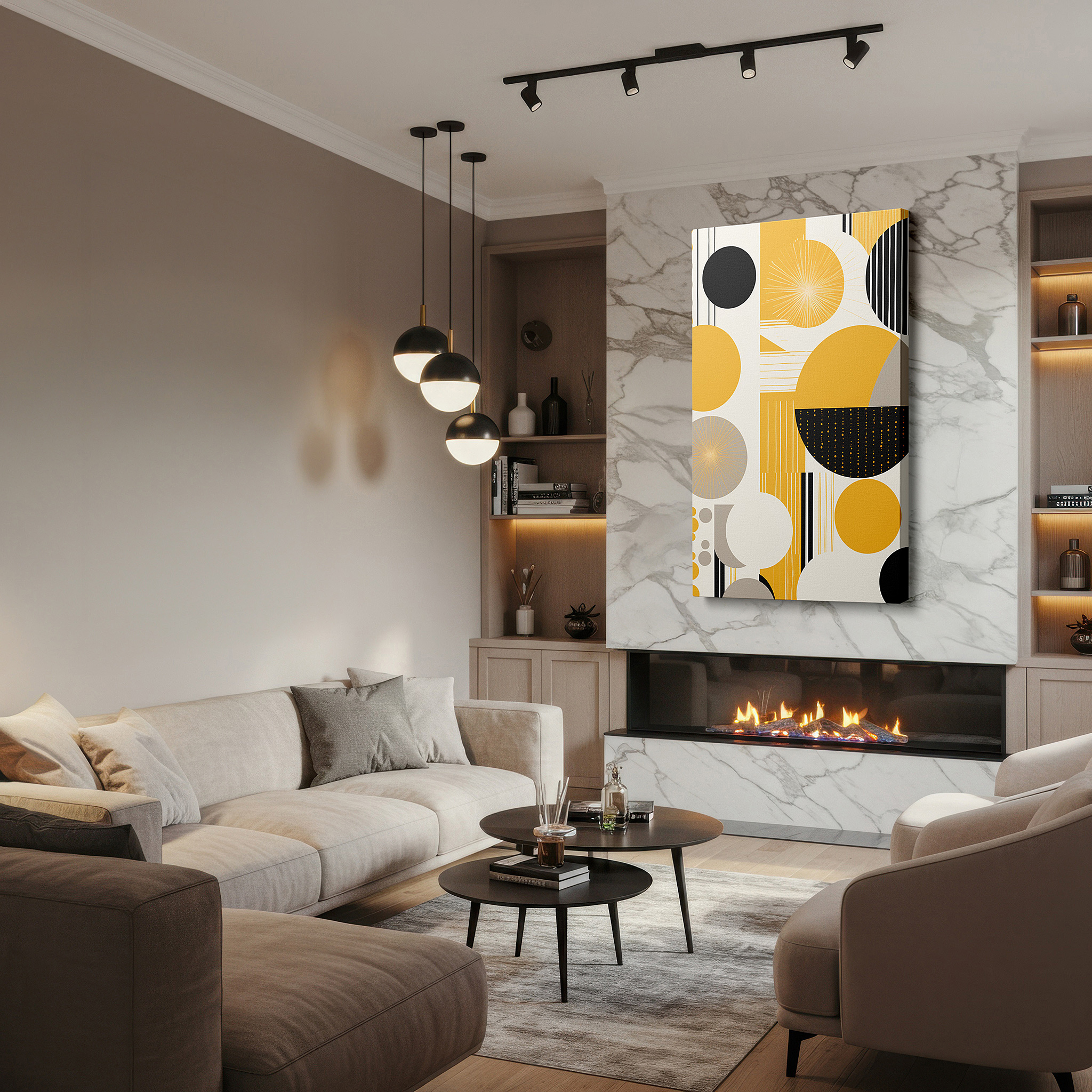 Hung in a cozy reading nook beside a floor lamp and bookshelf — vibrant interaction of geometric forms in striking yellow and rich black hues, oversized wall art, canvas art, home and office decor, bedroom wall art