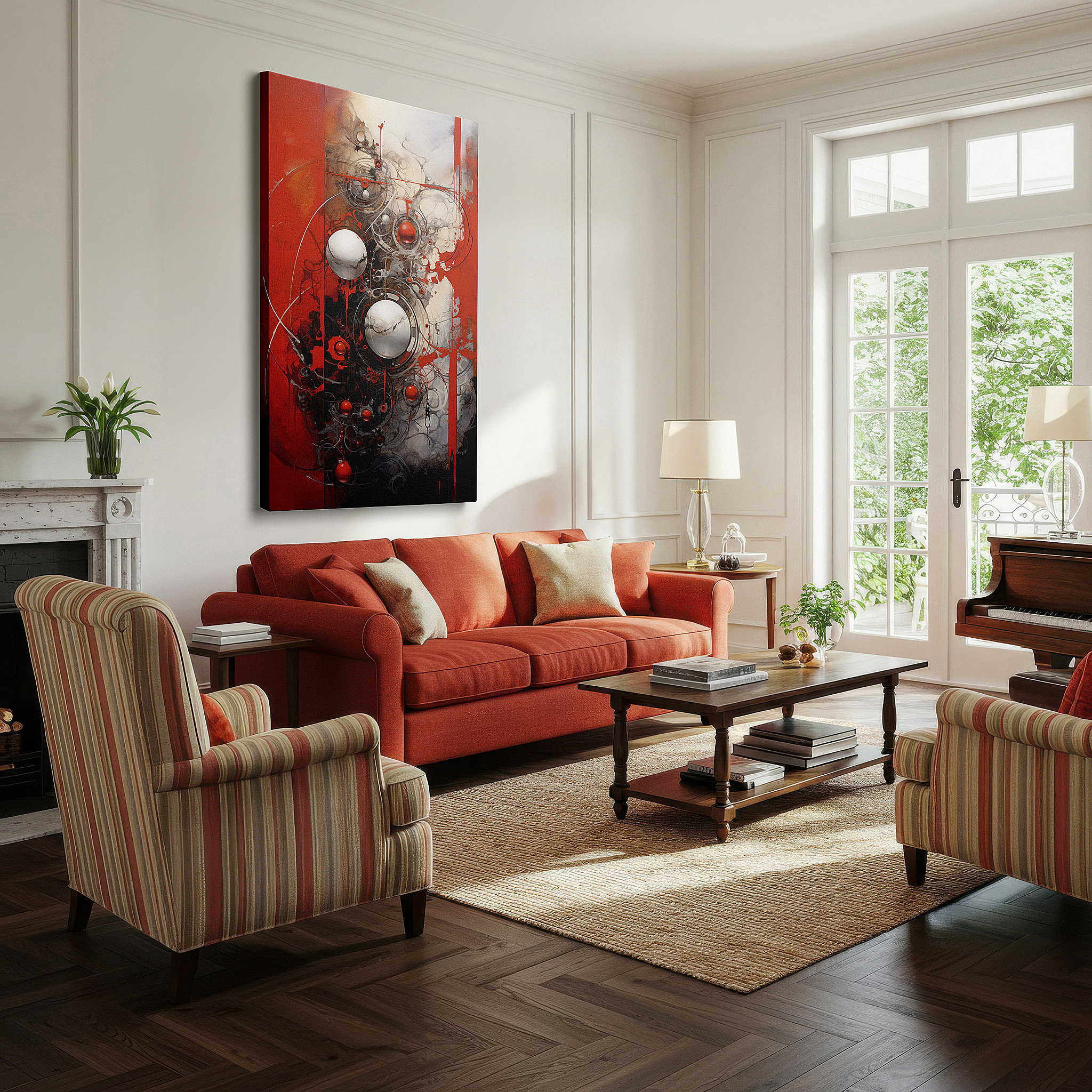 Hung in a cozy reading nook beside a floor lamp and bookshelf — vibrant red and black interaction with metallic globes and geometric accuracy, large canvas wall art for office and bedroom decor