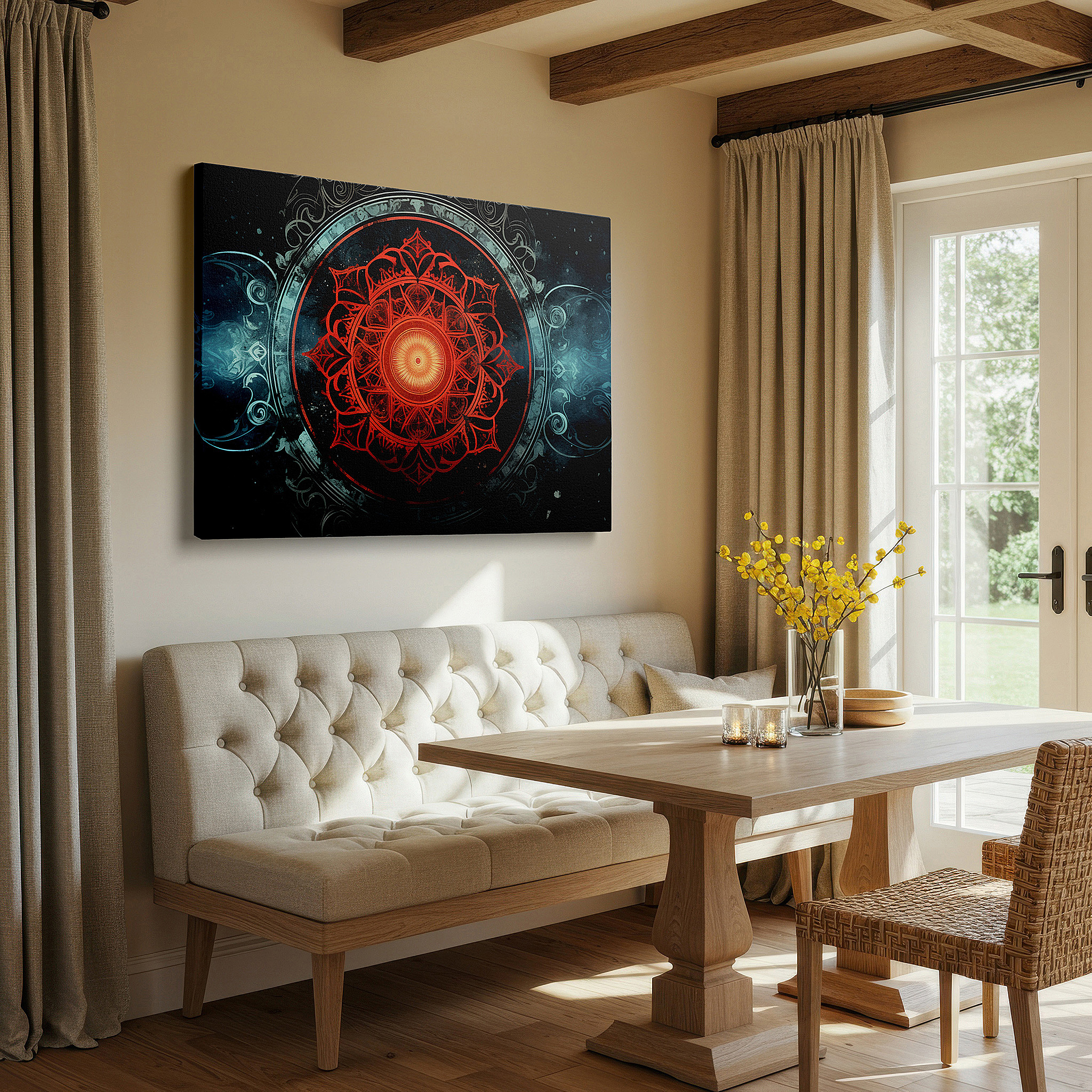 Hung in a cozy reading nook beside a floor lamp and bookshelf — vibrant red mandala featuring cosmic elements, representing universal harmony and spiritual depth, large canvas wall art for office decor
