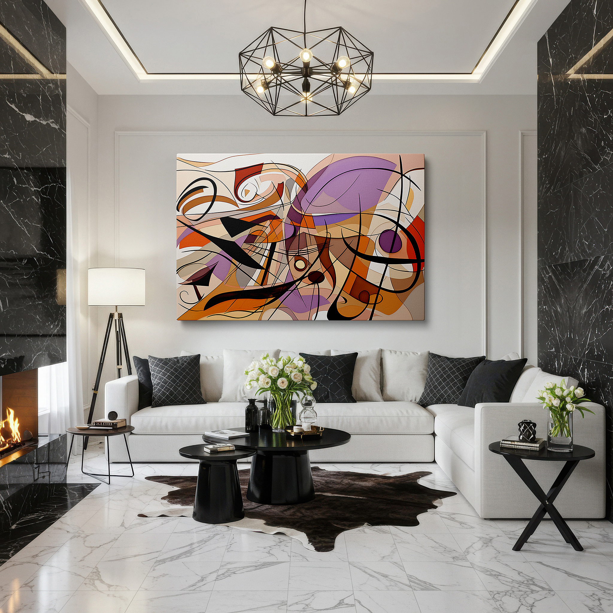 Hung in a cozy reading nook beside a floor lamp and bookshelf — vibrant swirls of color and emotion: abstract large wall art for offices, bedrooms, and living spaces