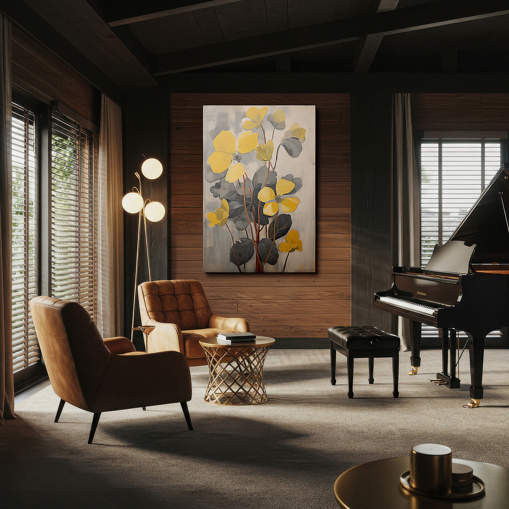 Hung in a cozy reading nook beside a floor lamp and bookshelf — vibrant yellow blooms: a celebration of nature's splendor - large canvas wall art for office, living room, and bedroom decor