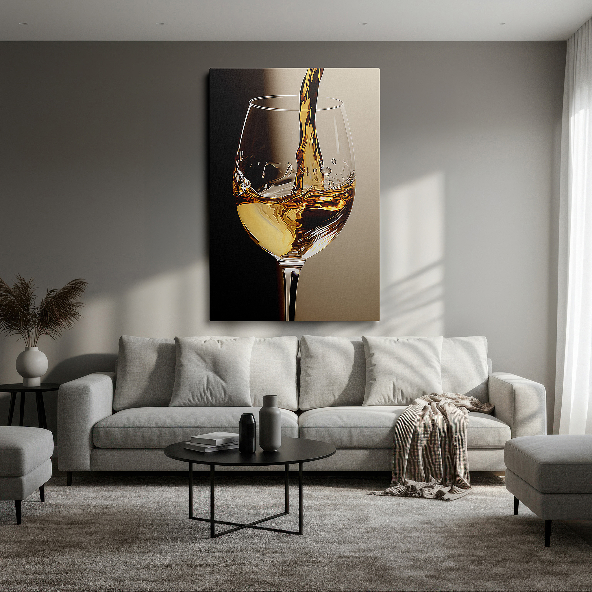 Hung in a cozy reading nook beside a floor lamp and bookshelf — wall art: the elegant flow of golden elixir into a clear glass - a visual symphony of light and luxury, large canvas wall art for office decor