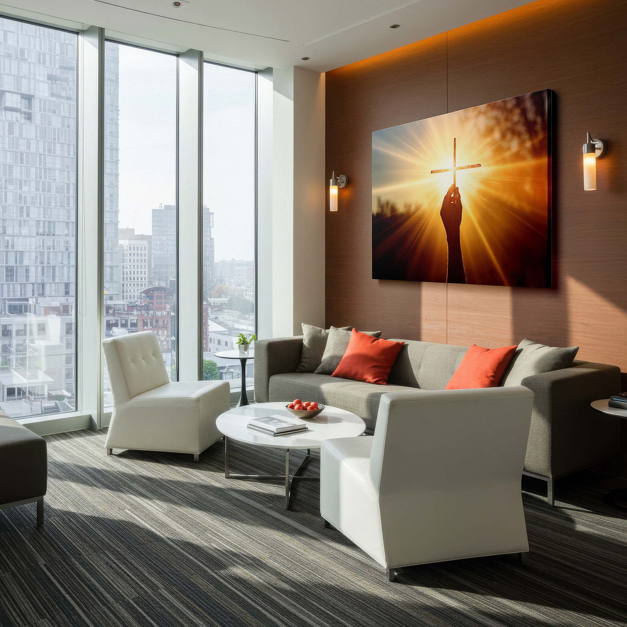 Hung in a cozy reading nook beside a floor lamp and bookshelf — wall art: hand holding cross at sunset - symbolizing faith and renewal, large canvas wall art for office and bedroom decor