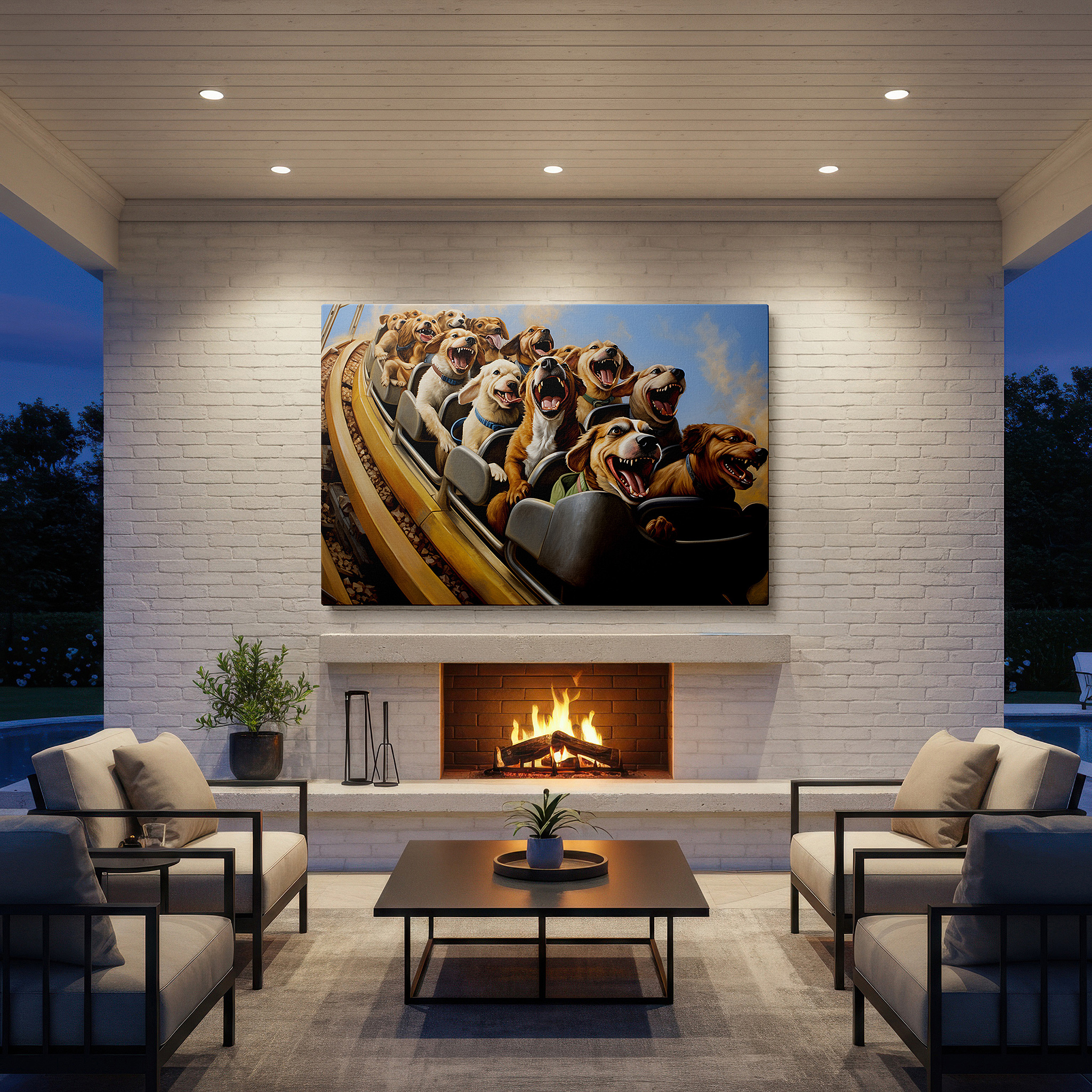Hung in a cozy reading nook beside a floor lamp and bookshelf — wall art: joyful dogs on a roller coaster - celebrating friendship and happiness, large canvas wall art for home and office decor