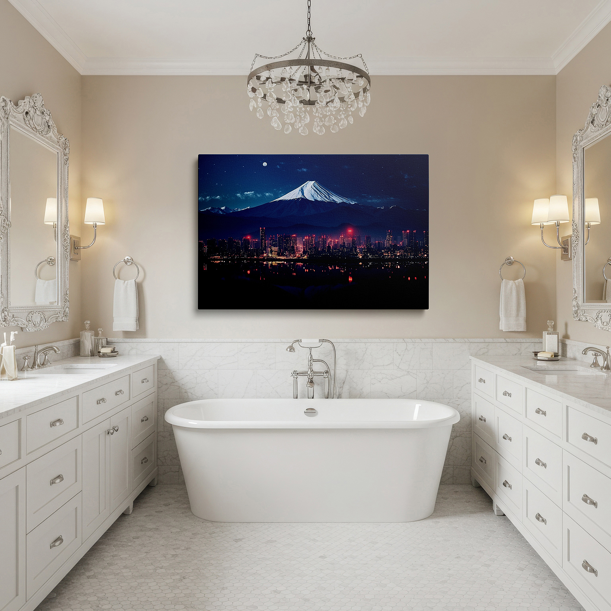 Hung in a cozy reading nook beside a floor lamp and bookshelf — wall art: majestic mount fuji under moonlit skies amidst urban lights - large canvas wall art for office, bedroom, and living room decor