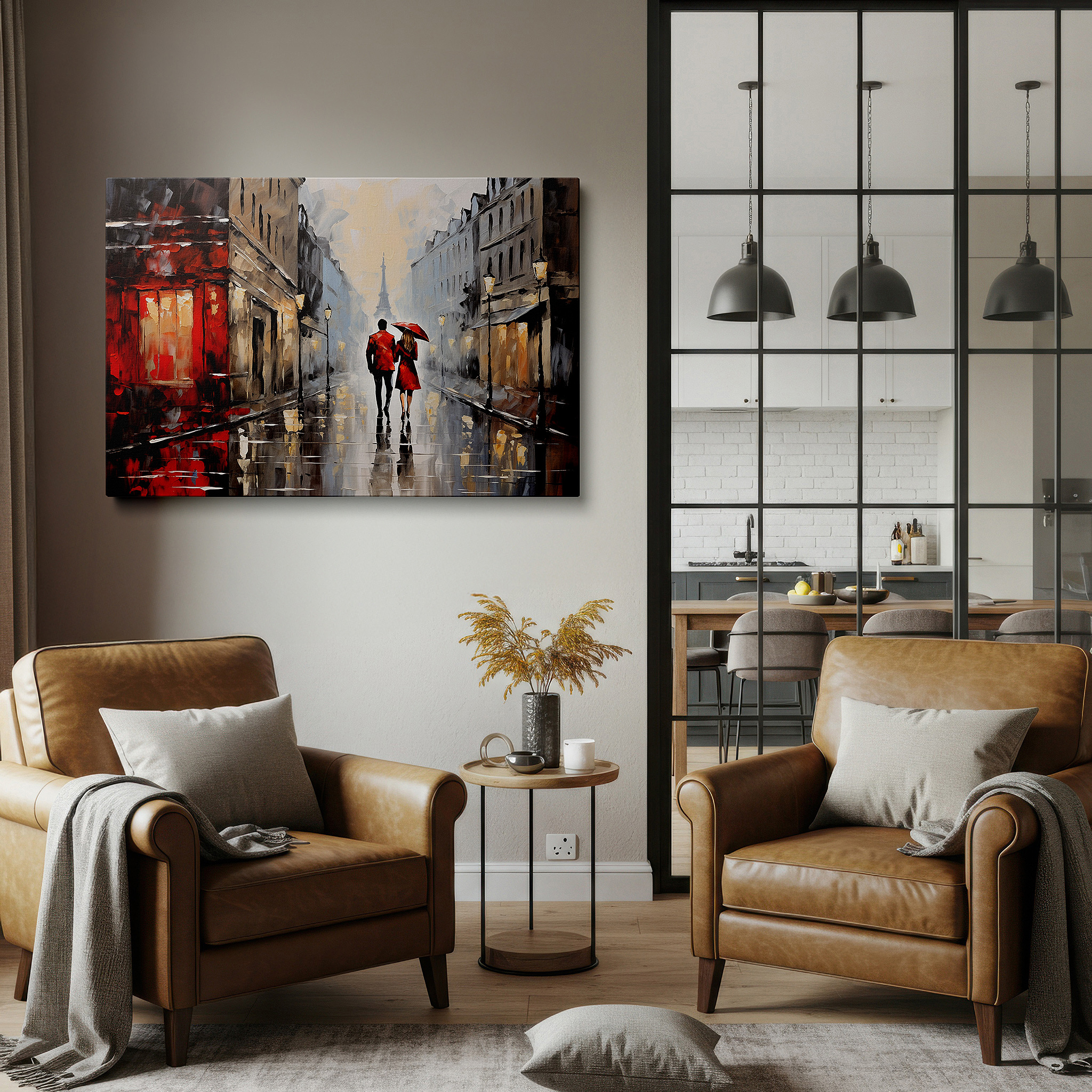 Hung in a cozy reading nook beside a floor lamp and bookshelf — wall art: romantic parisian encounter beneath a red umbrella, a rain-drenched journey through love on cobblestones, large canvas wall art decor.