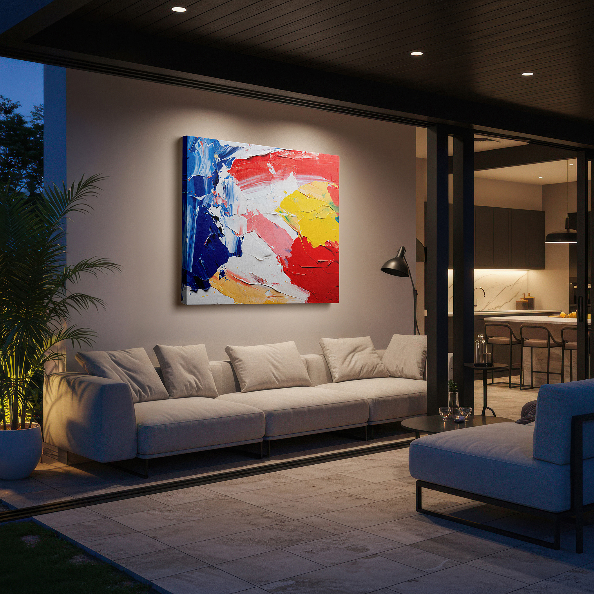 Hung in a cozy reading nook beside a floor lamp and bookshelf — wall art: a vivid emotional spectrum. bold, textured strokes of red, blue, yellow, and white sweep across the canvas. large wall art, canvas wall art, wall art decor.