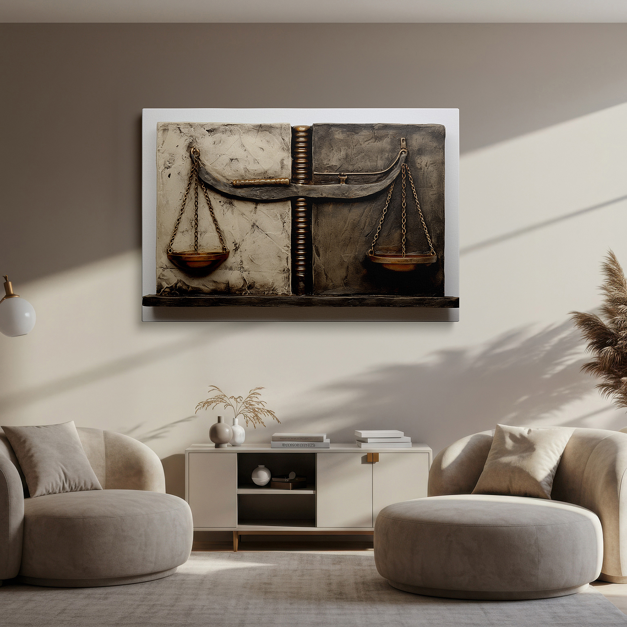 Hung in a cozy reading nook beside a floor lamp and bookshelf — wall decor: abstract scales of justice in neutral shades, symbolizing balance and fairness - large canvas art for office walls