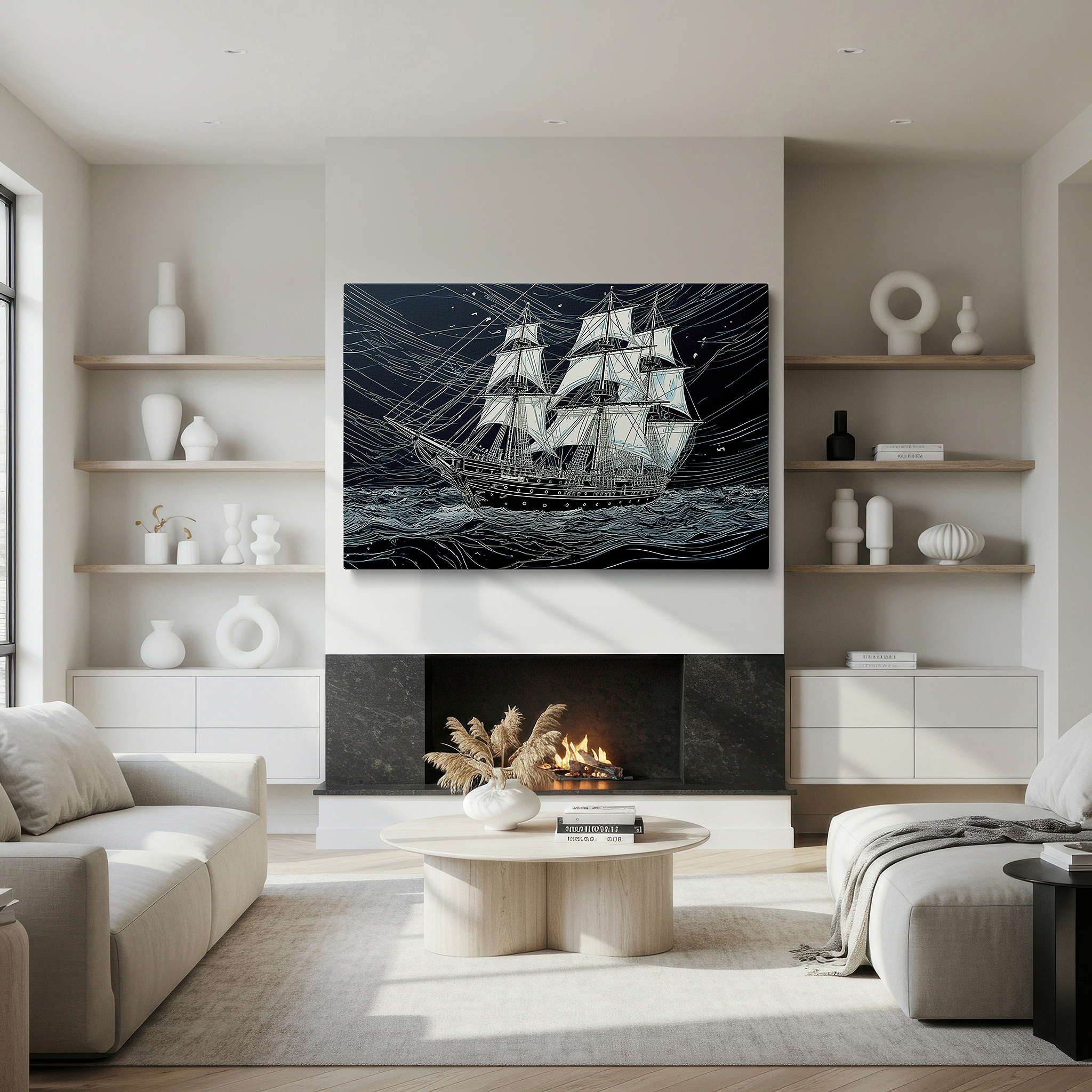 Hung in a cozy reading nook beside a floor lamp and bookshelf — wall decor: brave sailing vessel confronts tempestuous waters, emblematic of resilience and adventure - large canvas art for office and home decor