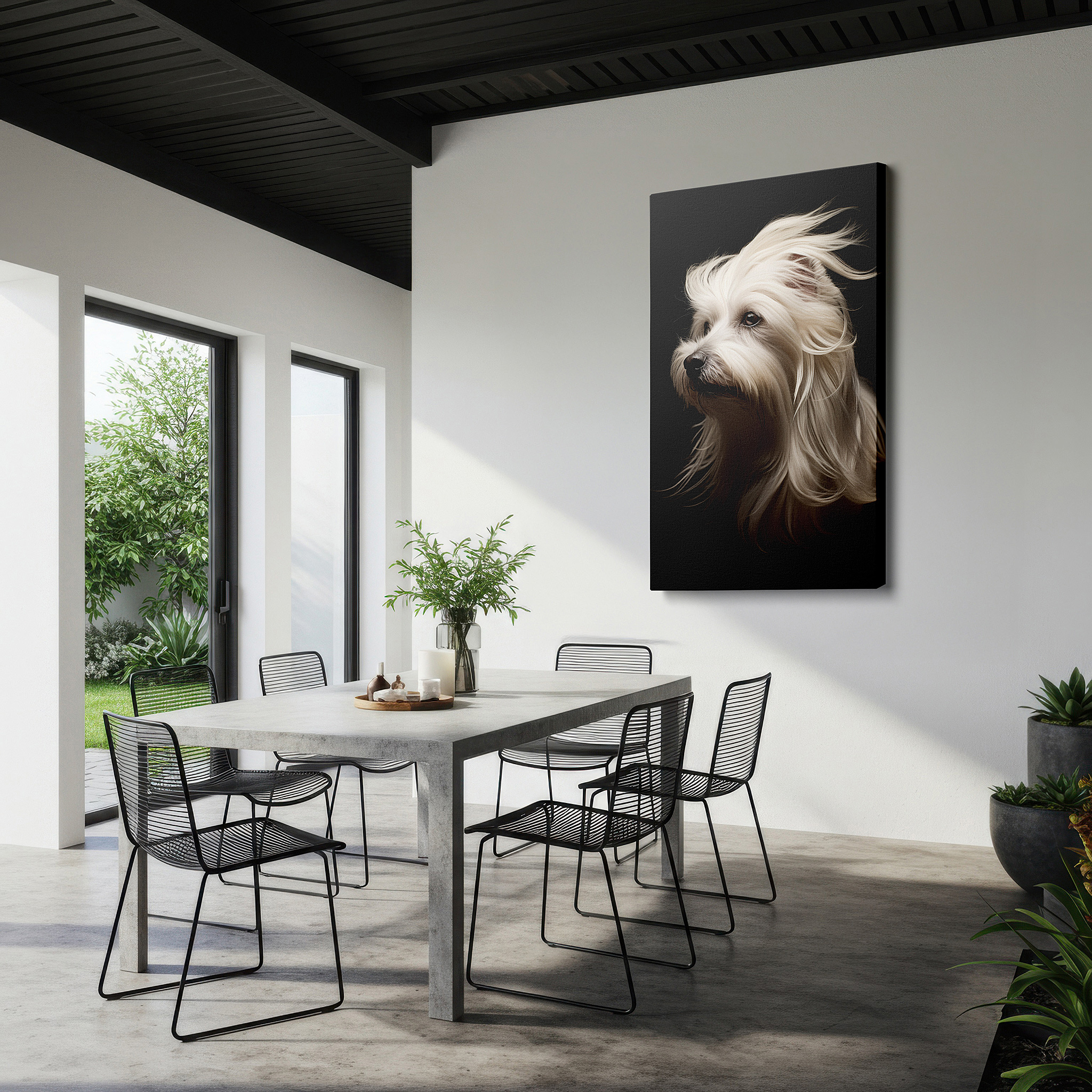Hung in a cozy reading nook beside a floor lamp and bookshelf — wall decor: elegant long-haired dog in enchanted light - symbolizing canine grace and sophistication, large canvas art for home and office
