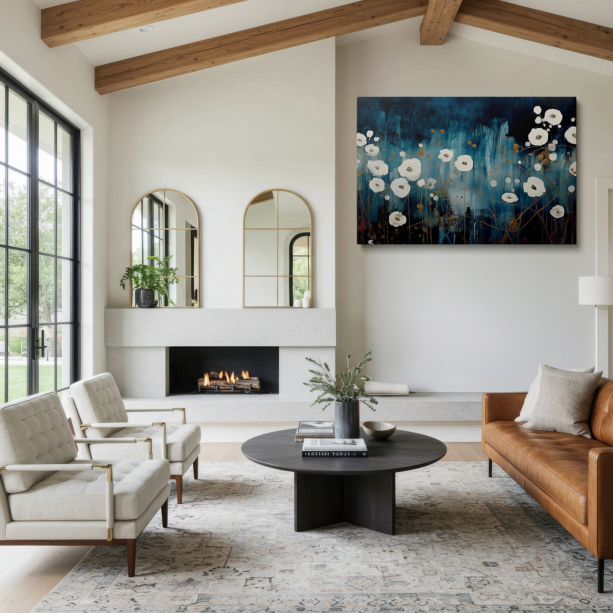 Hung in a cozy reading nook beside a floor lamp and bookshelf — white flowers on deep blue background: abstract floral elegance and bold expression, large canvas wall art for office decor