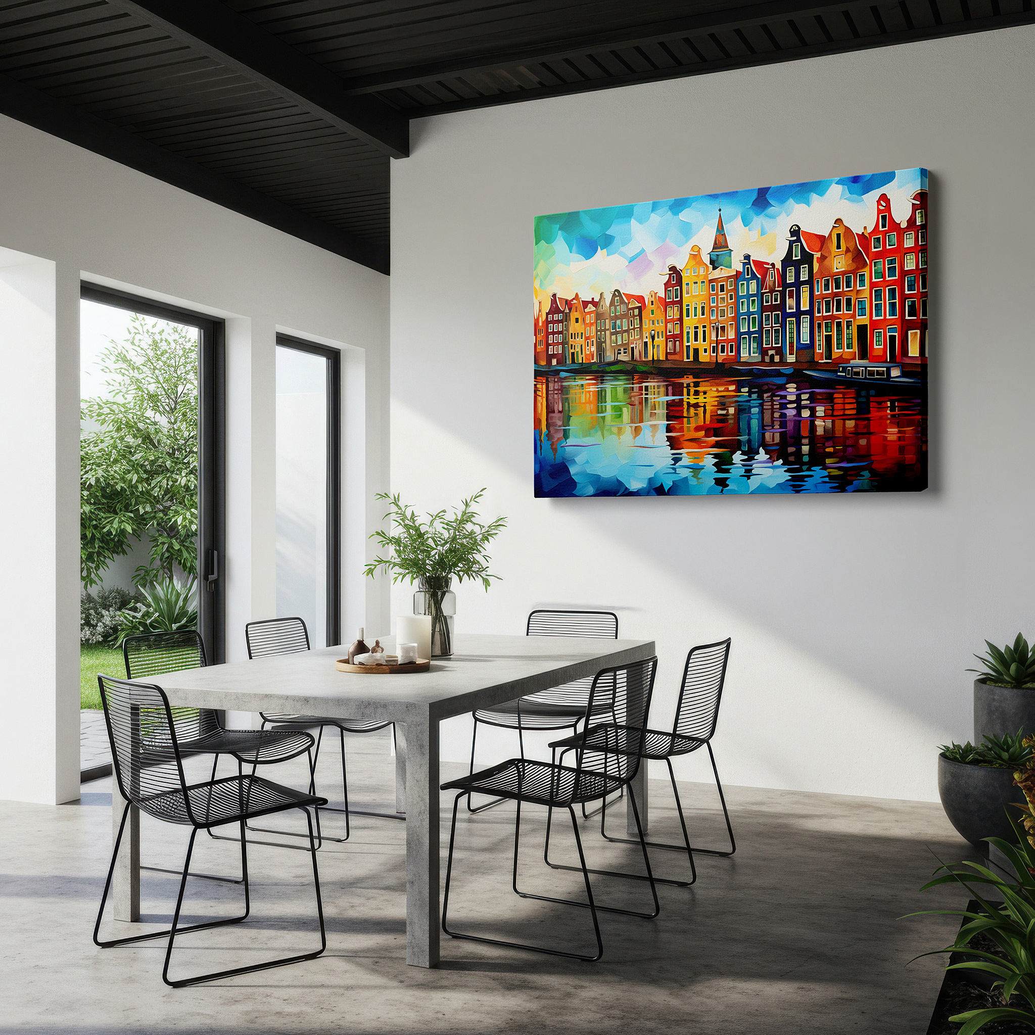 Installation made easy with a centered hook and clean wire mount — amsterdam canal scene with vibrant dutch houses and reflective water - large canvas wall art for office and bedroom decor