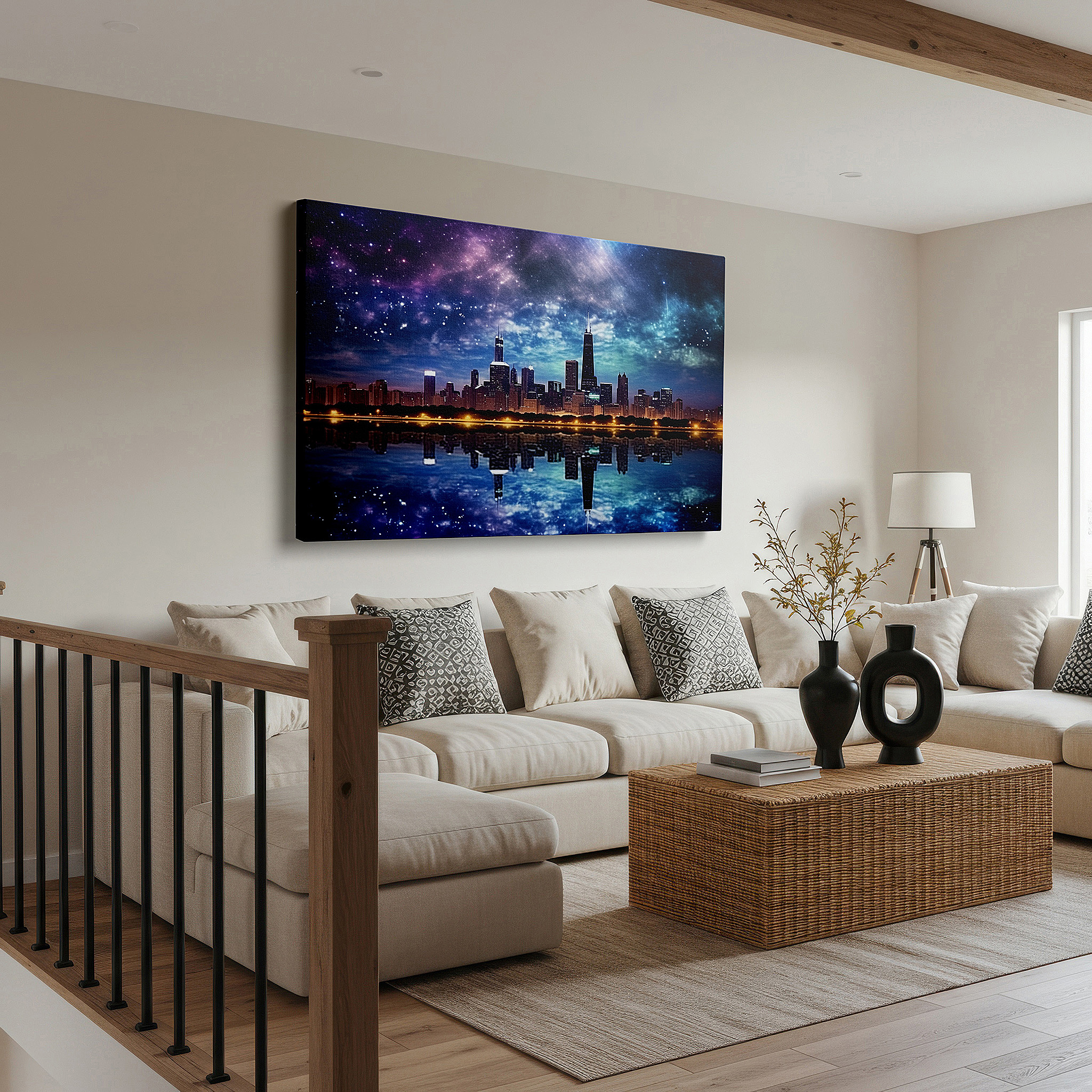 Installation made easy with a centered hook and clean wire mount — chicago skyline with cosmic splendor: celestial cityscape fusion - large canvas wall art for office and bedroom decor