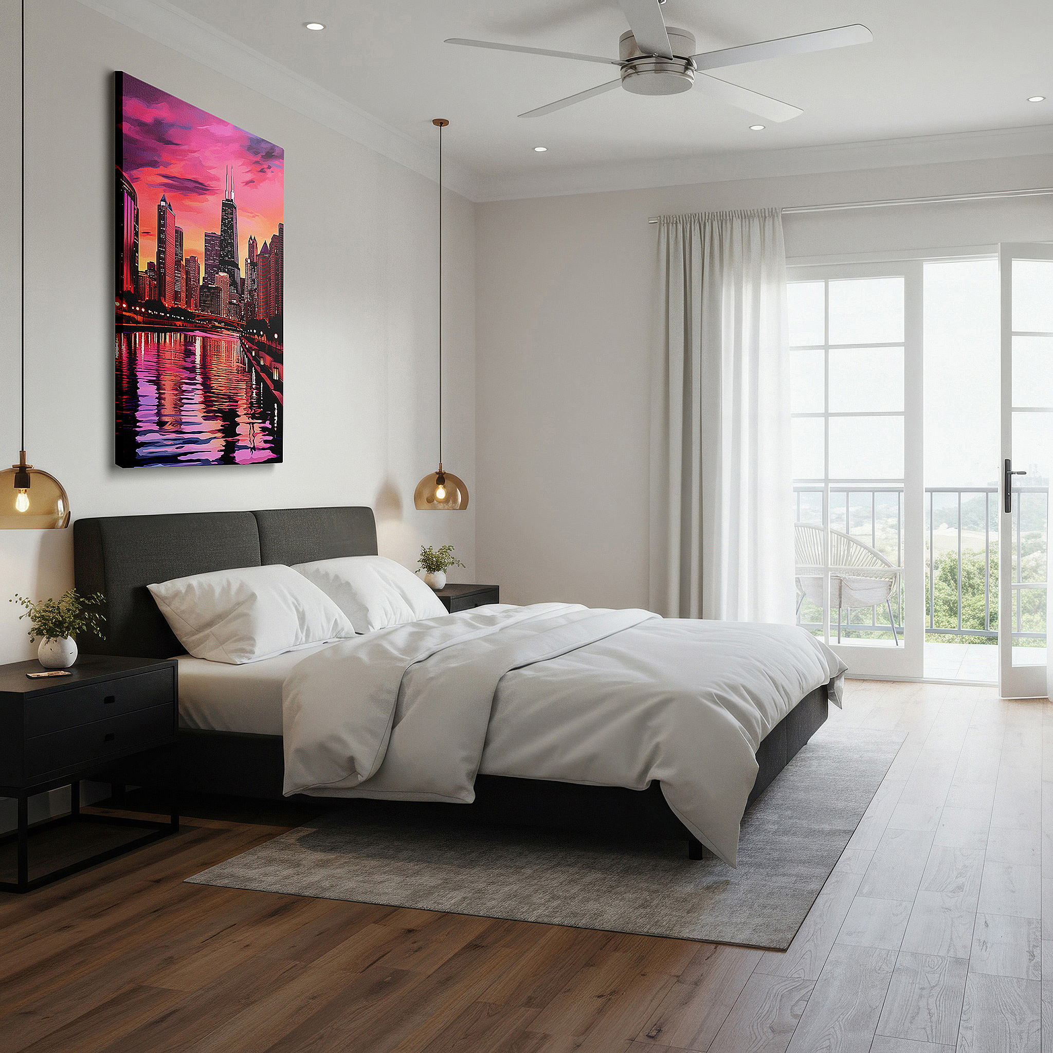 Installation made easy with a centered hook and clean wire mount — chicago skyline at sunset canvas wall art: enchanting purple and pink hues, ideal for office wall decor