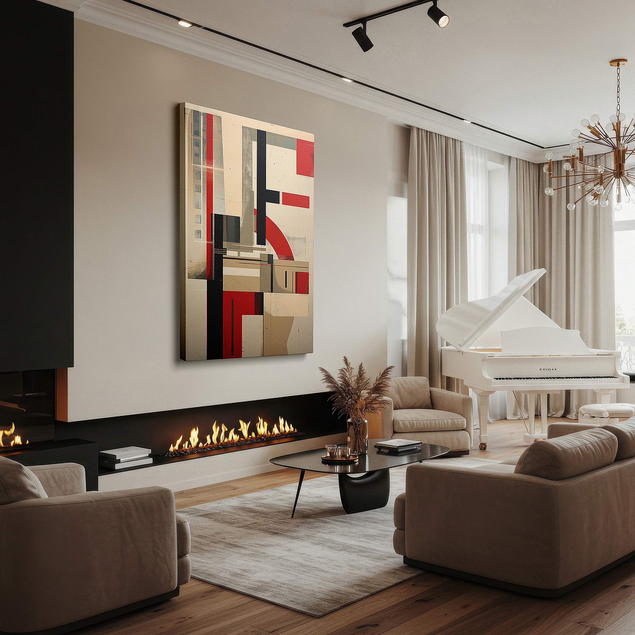 Installation made easy with a centered hook and clean wire mount — a composition of geometric forms and bright hues, crafting a visually captivating and emotionally impactful story large wall art, canvas wall