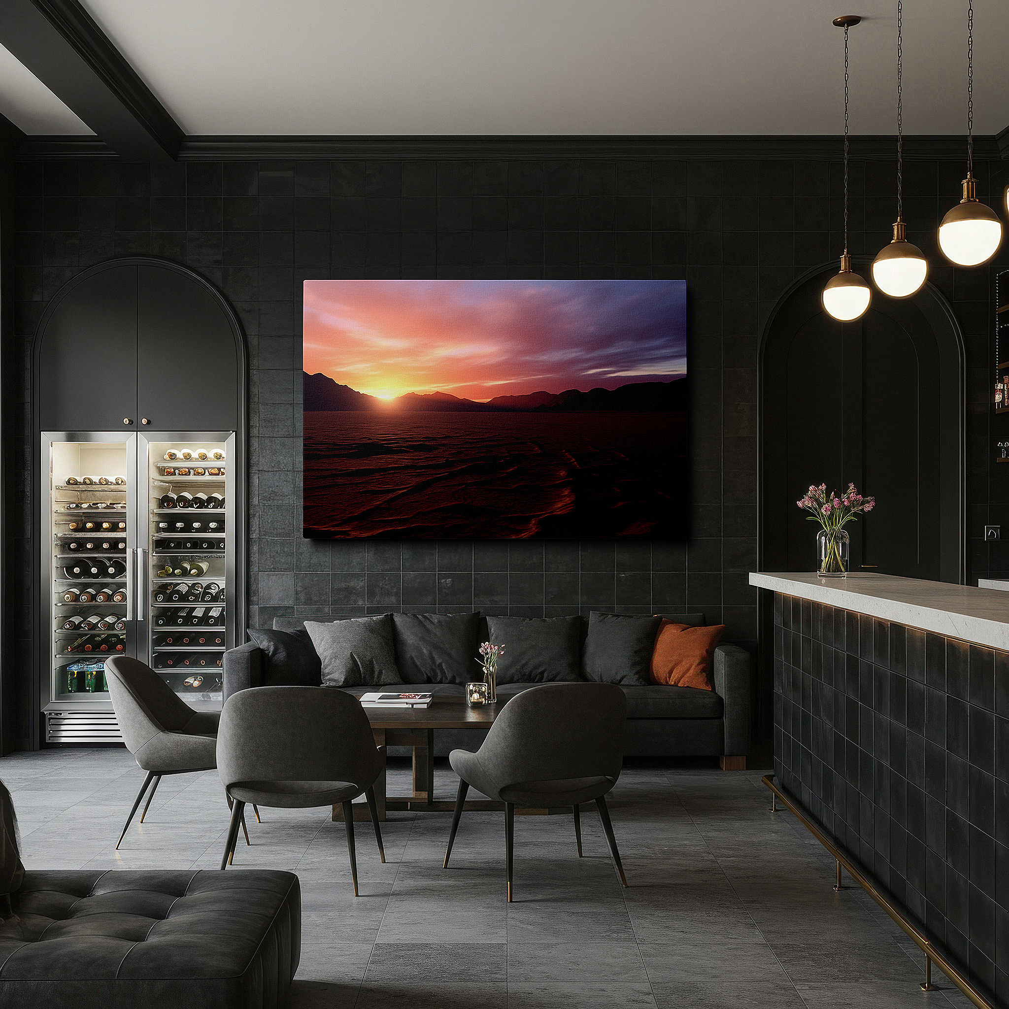 Installation made easy with a centered hook and clean wire mount — desert sunset - tranquil scenery bathed in nature's golden light, large canvas wall art for home and office decor