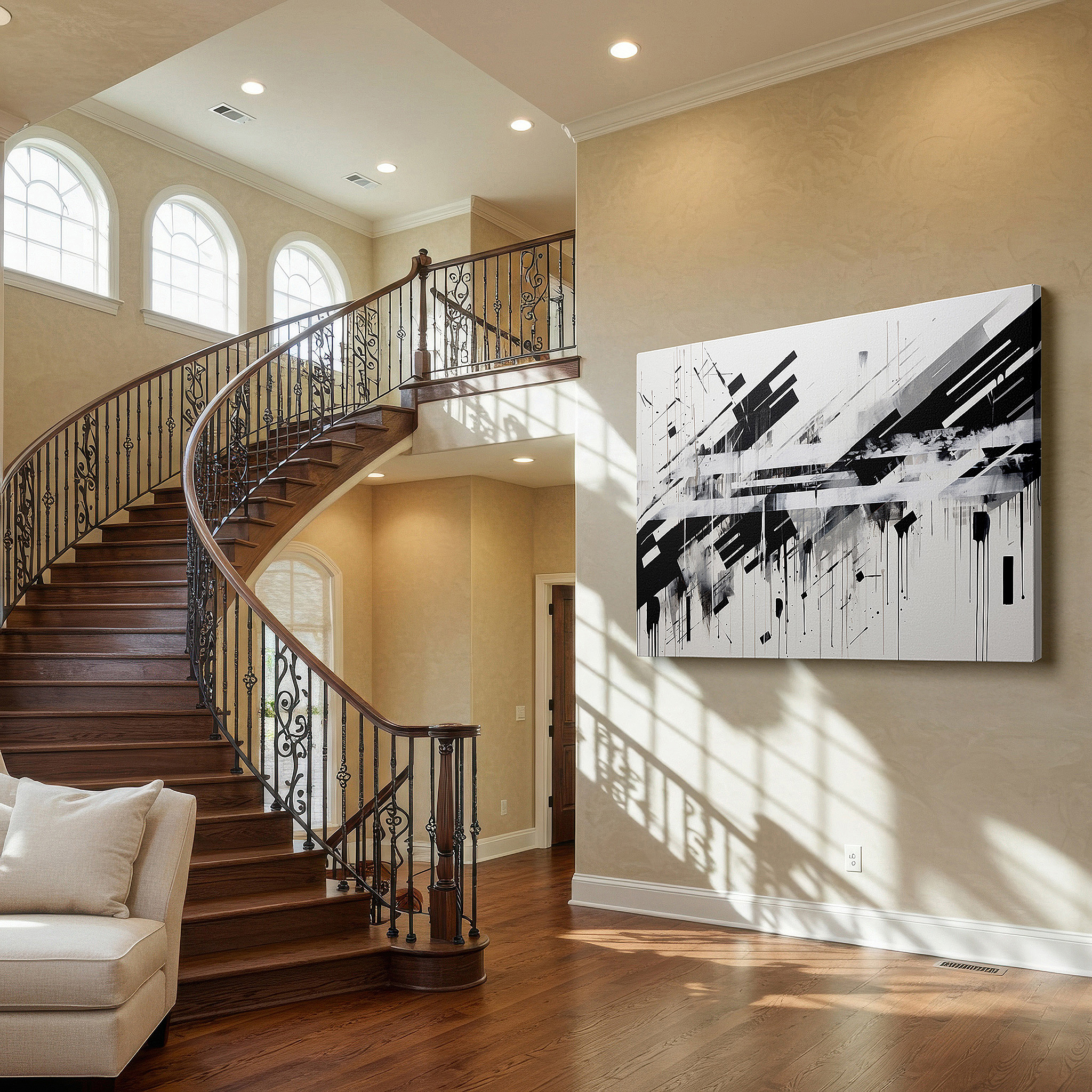 Installation made easy with a centered hook and clean wire mount — dynamic interplay of black and white in abstract expression: large wall art for offices, bedrooms, and living spaces
