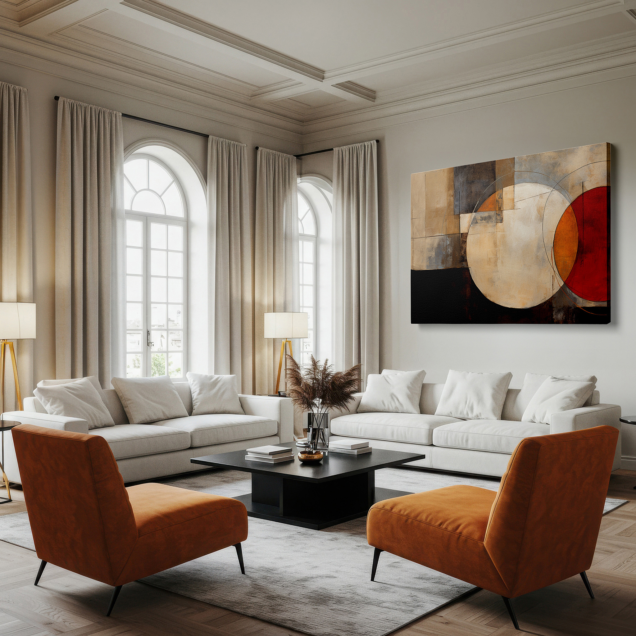 Installation made easy with a centered hook and clean wire mount — earthy tones symphony with intersecting circles: geometric abstract large canvas wall art for home and office decor