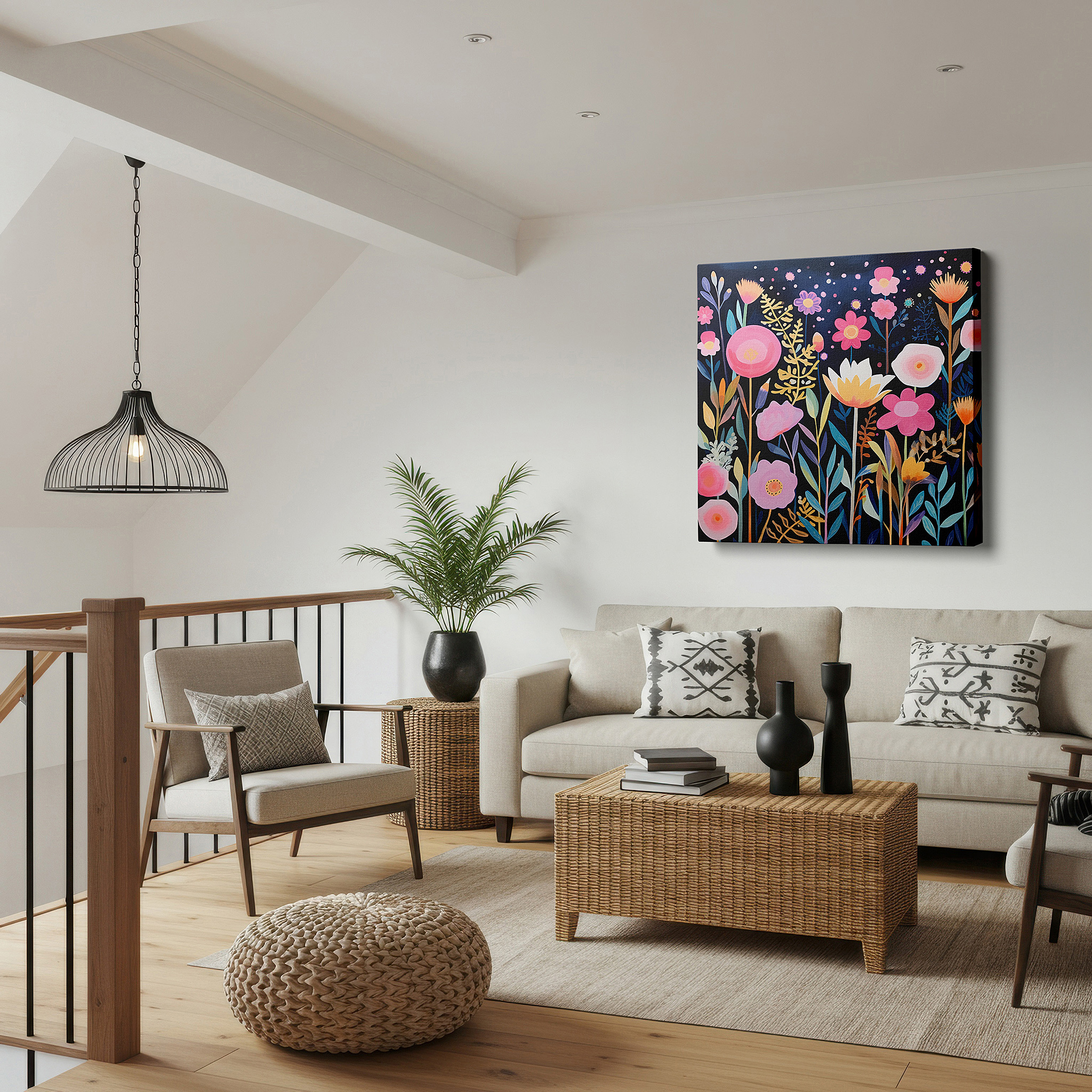 Installation made easy with a centered hook and clean wire mount — enchanted garden featuring vivid pinks, bright yellows, and pure whites - large canvas wall art for home and office decor