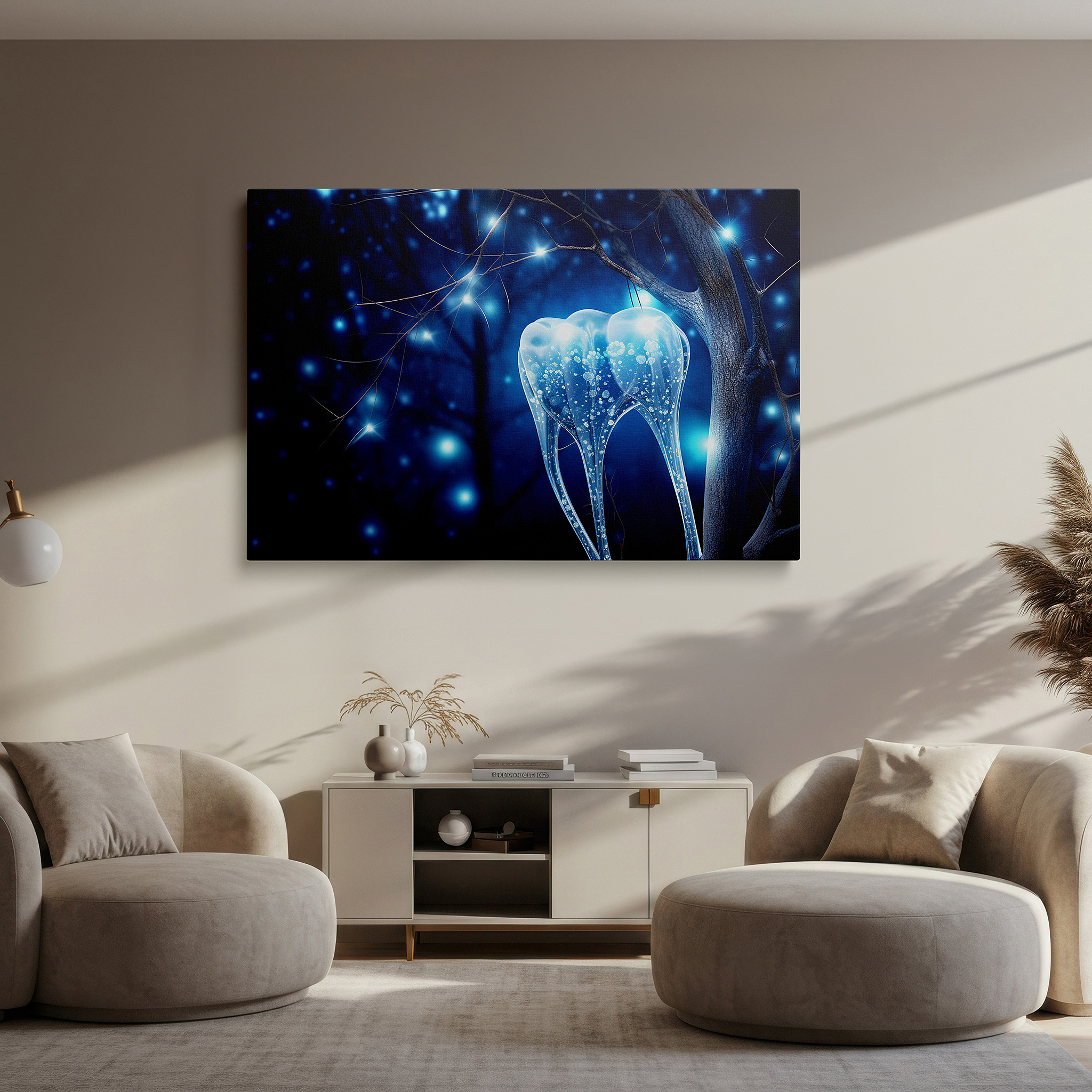 Installation made easy with a centered hook and clean wire mount — enchanted tree wall art: surreal nature and fantasy fusion with glowing teeth - large canvas for home and office decor, ideal for living room and bedroom