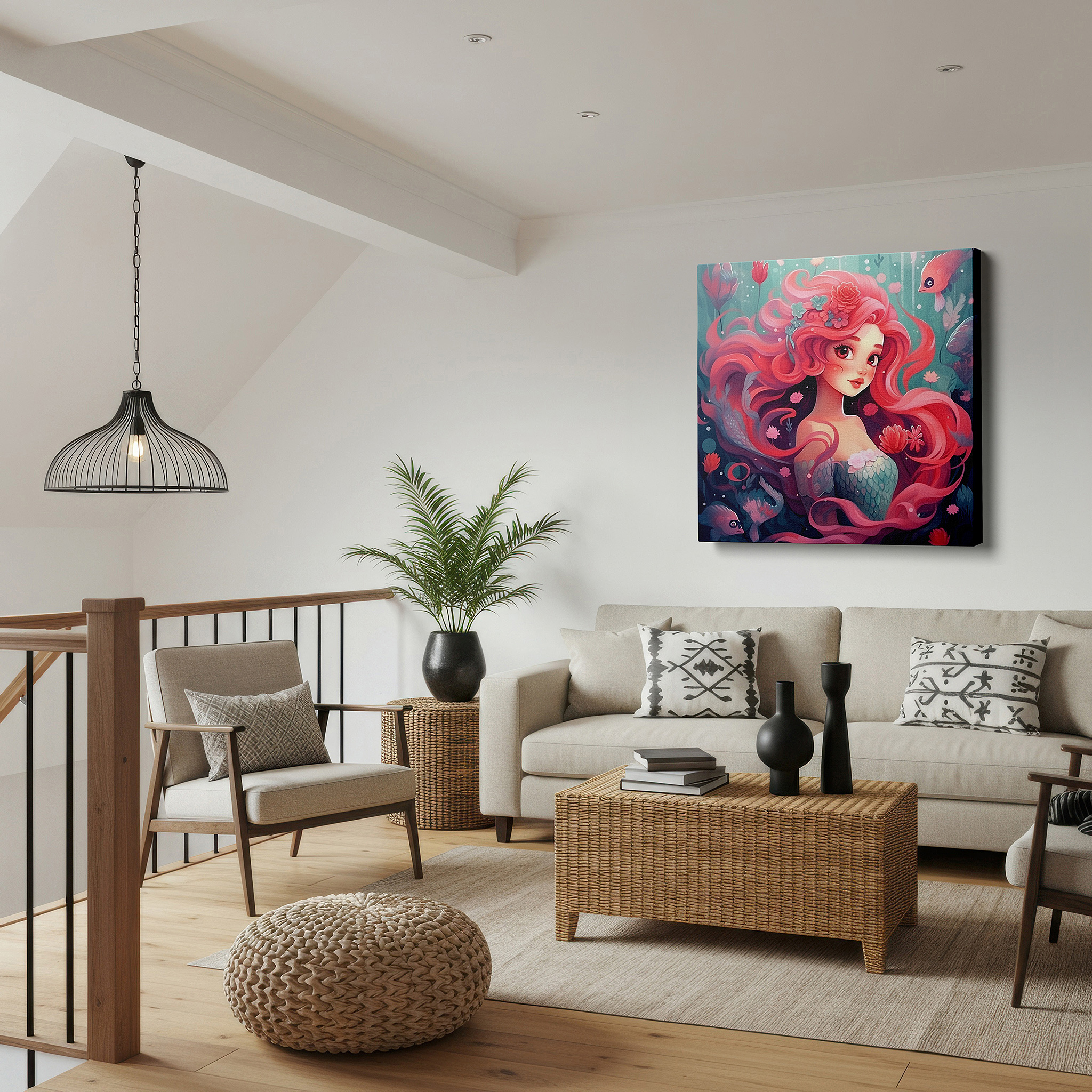Installation made easy with a centered hook and clean wire mount — enchanting mermaid with coral hair large canvas wall art for bedroom and office decor in a magical underwater realm