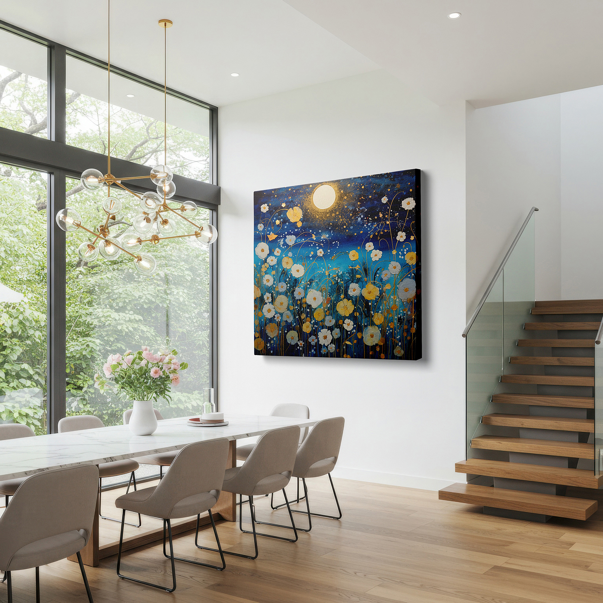 Installation made easy with a centered hook and clean wire mount — ethereal blue moonlit garden - tranquil nighttime paradise with glowing flowers and soft gold highlights, large canvas wall art