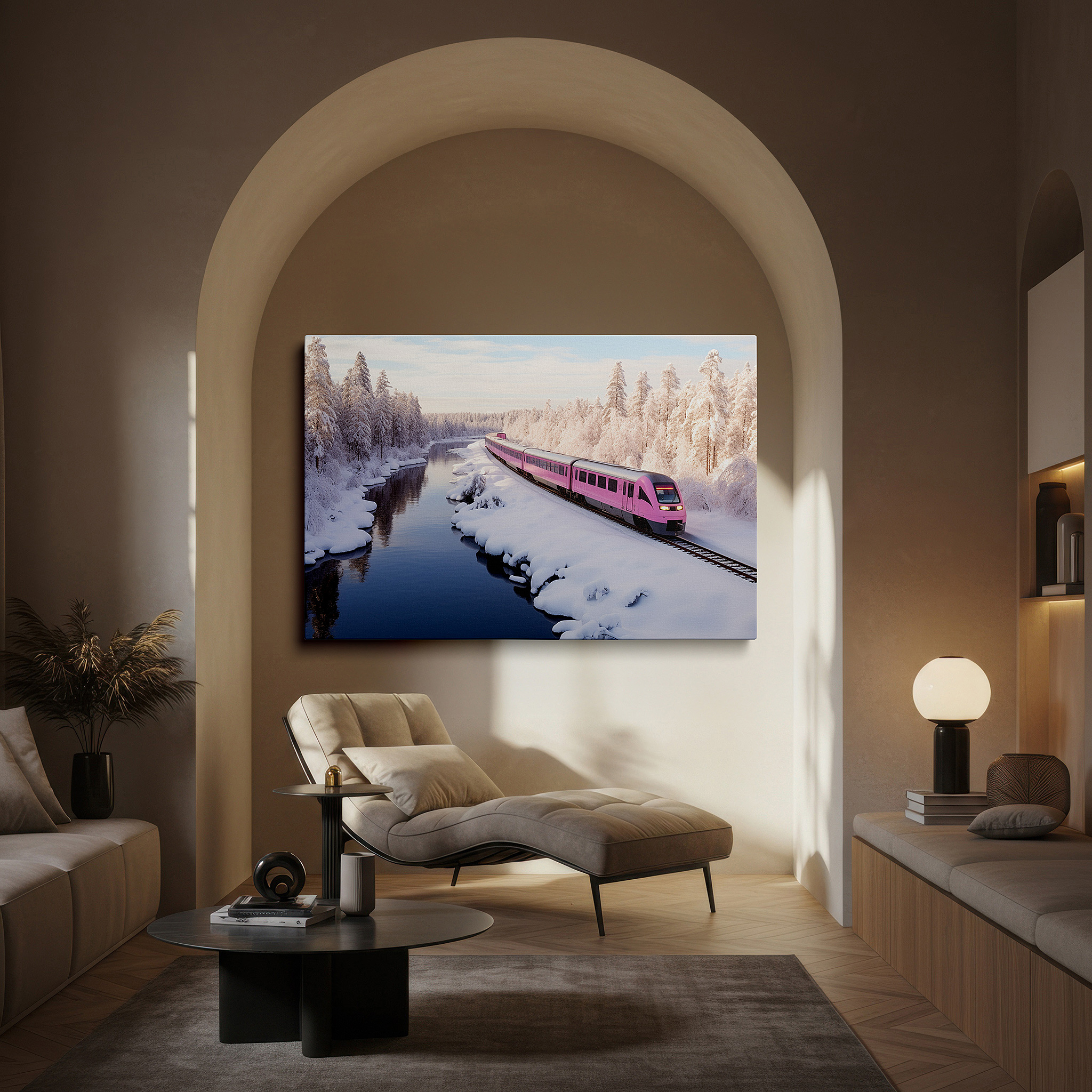 Installation made easy with a centered hook and clean wire mount — explore a winter wonderland with a bright pink train: large canvas wall art for offices, bedrooms, and living rooms