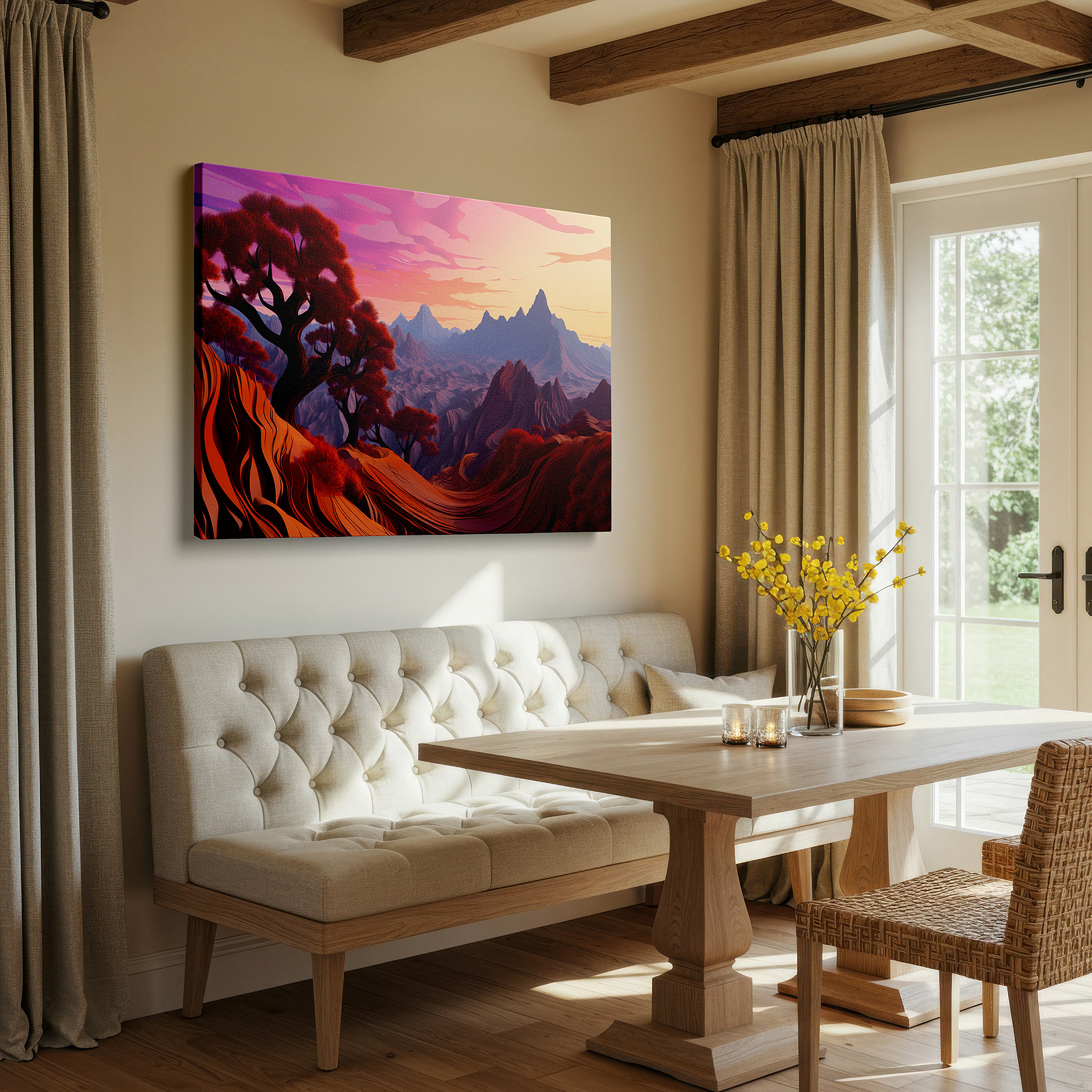 Installation made easy with a centered hook and clean wire mount — fiery sunset and tranquil sky over majestic mountains large canvas wall art for office and bedroom decor