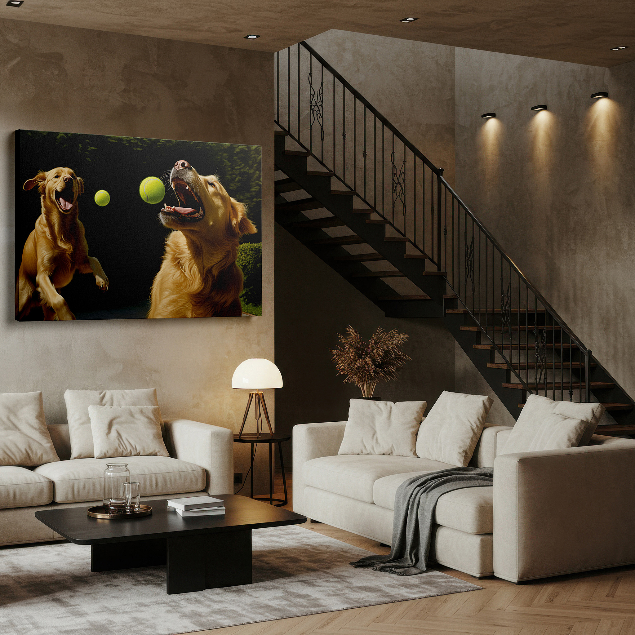 Installation made easy with a centered hook and clean wire mount — golden retrievers frolicking in a vibrant green landscape: a lively display of happiness and energy - large wall art, canvas wall art, wall decor for office