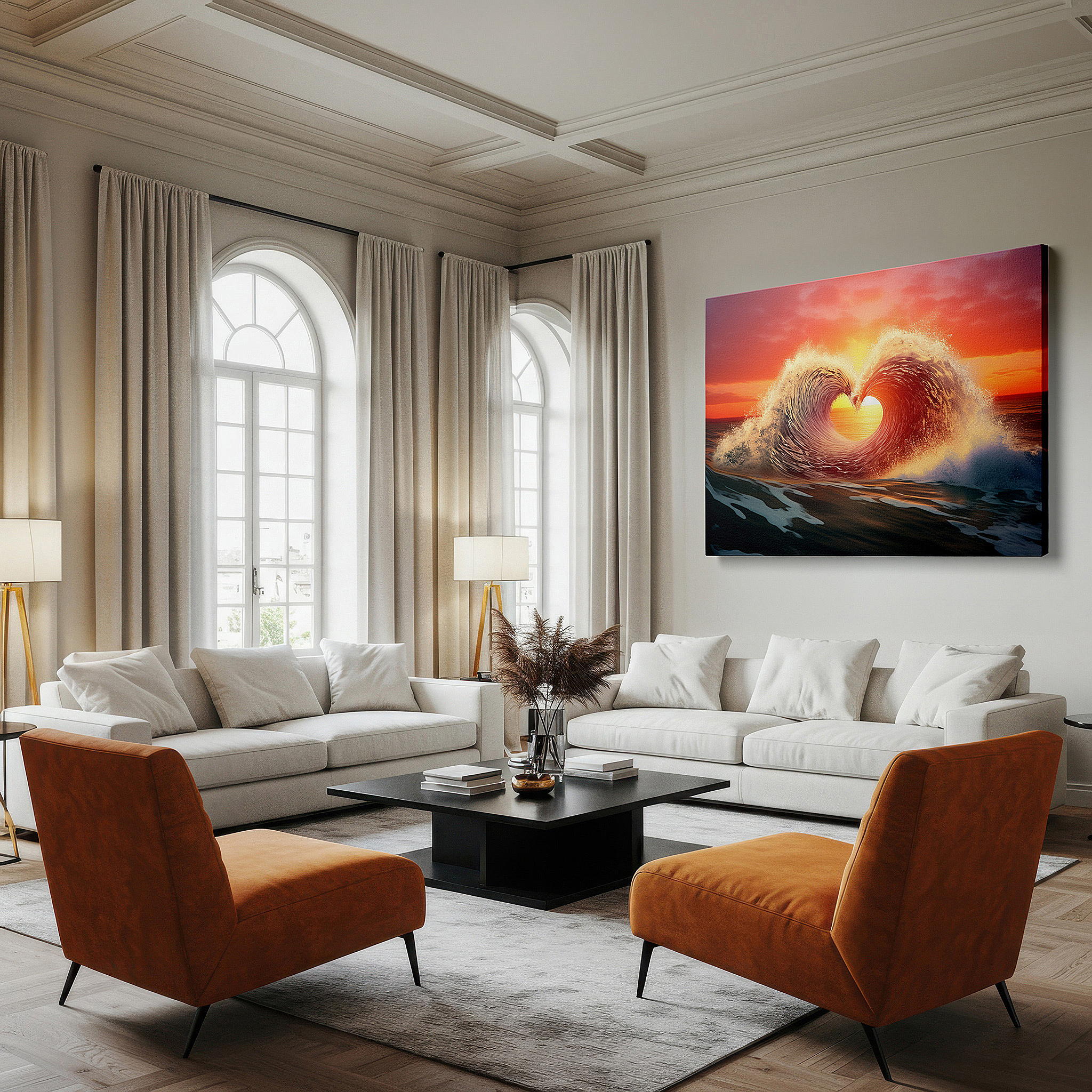 Installation made easy with a centered hook and clean wire mount — heart-shaped wave at sunset: symbolizing love in nature's beauty - large wall art, canvas wall art, wall decor for office and bedroom