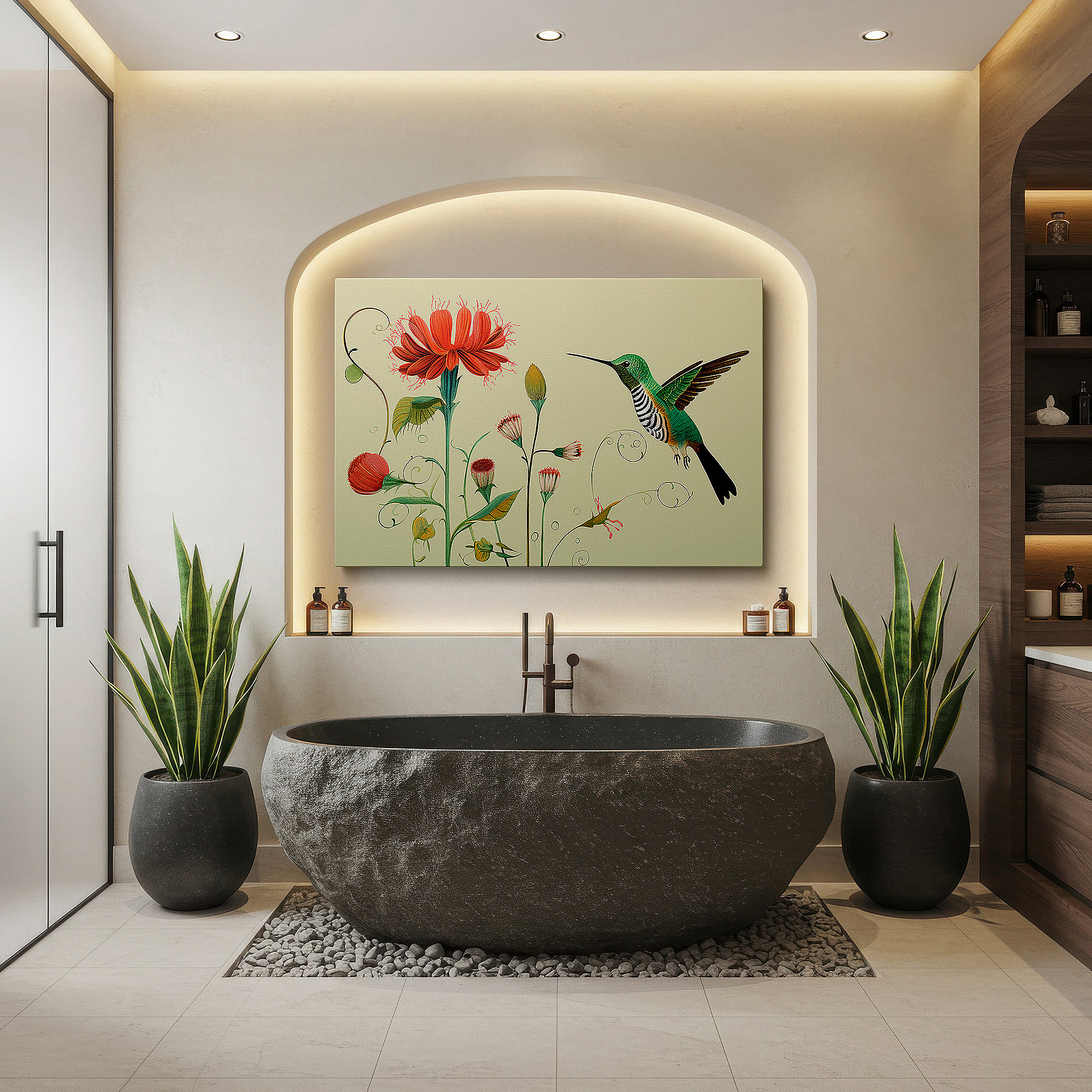 Installation made easy with a centered hook and clean wire mount — hummingbird mid-hover dance amidst vibrant flowers, representing biodiversity and ecosystem symbiosis - large wall art, canvas wall art, wall decor