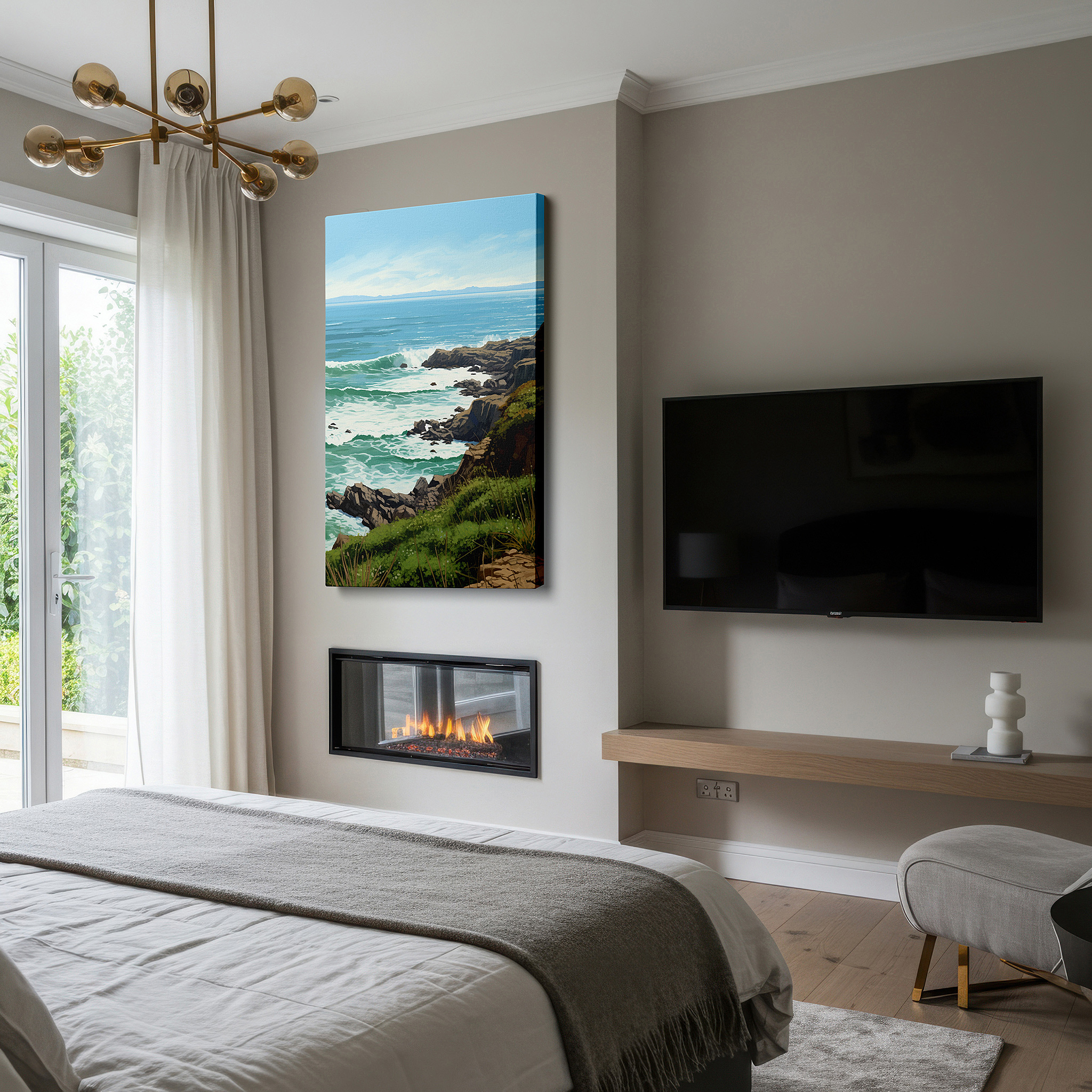 Installation made easy with a centered hook and clean wire mount — lush greenery and ocean's embrace beneath a wide blue sky: large wall art, canvas wall art, wall decor for office and bedroom