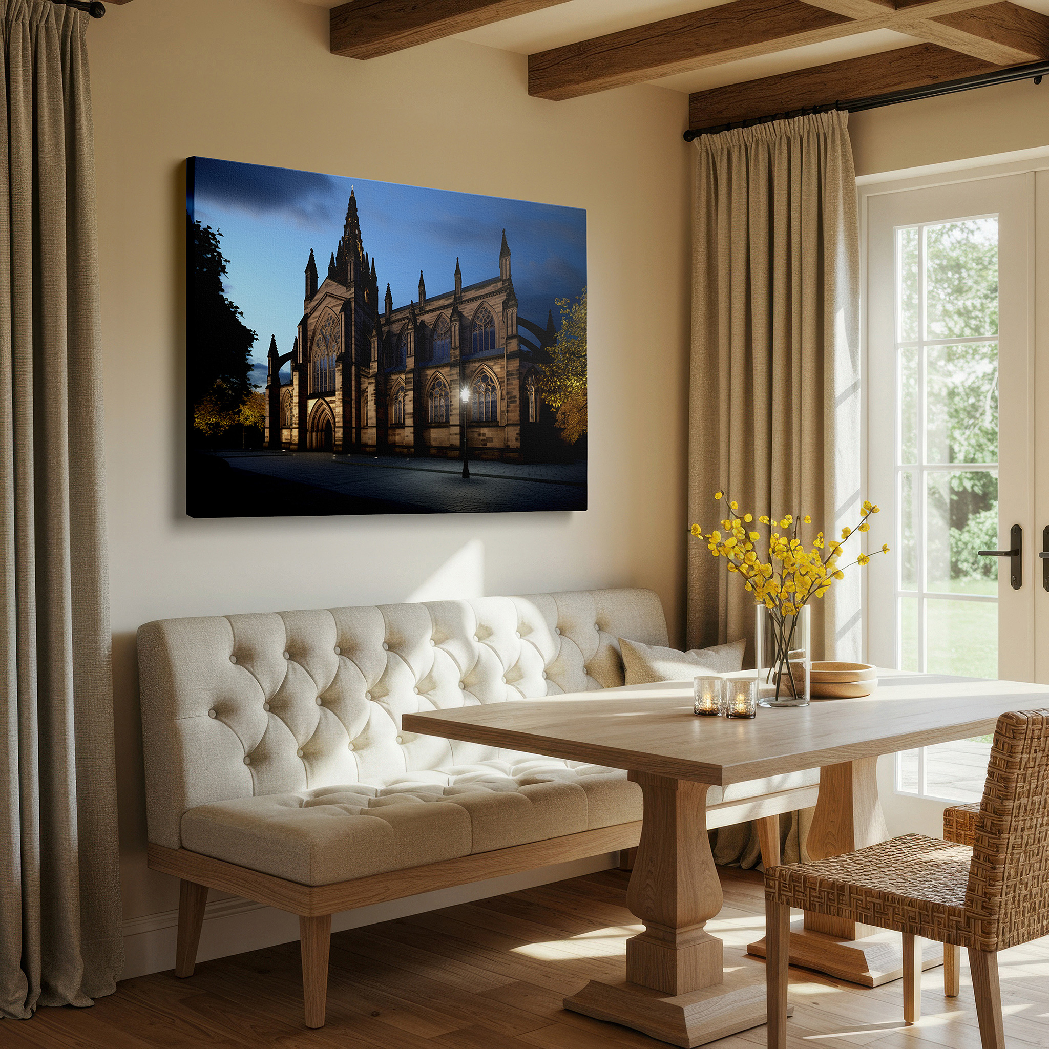 Installation made easy with a centered hook and clean wire mount — majestic cathedral at dusk: a mystical and ethereal architectural display, large canvas wall art decor