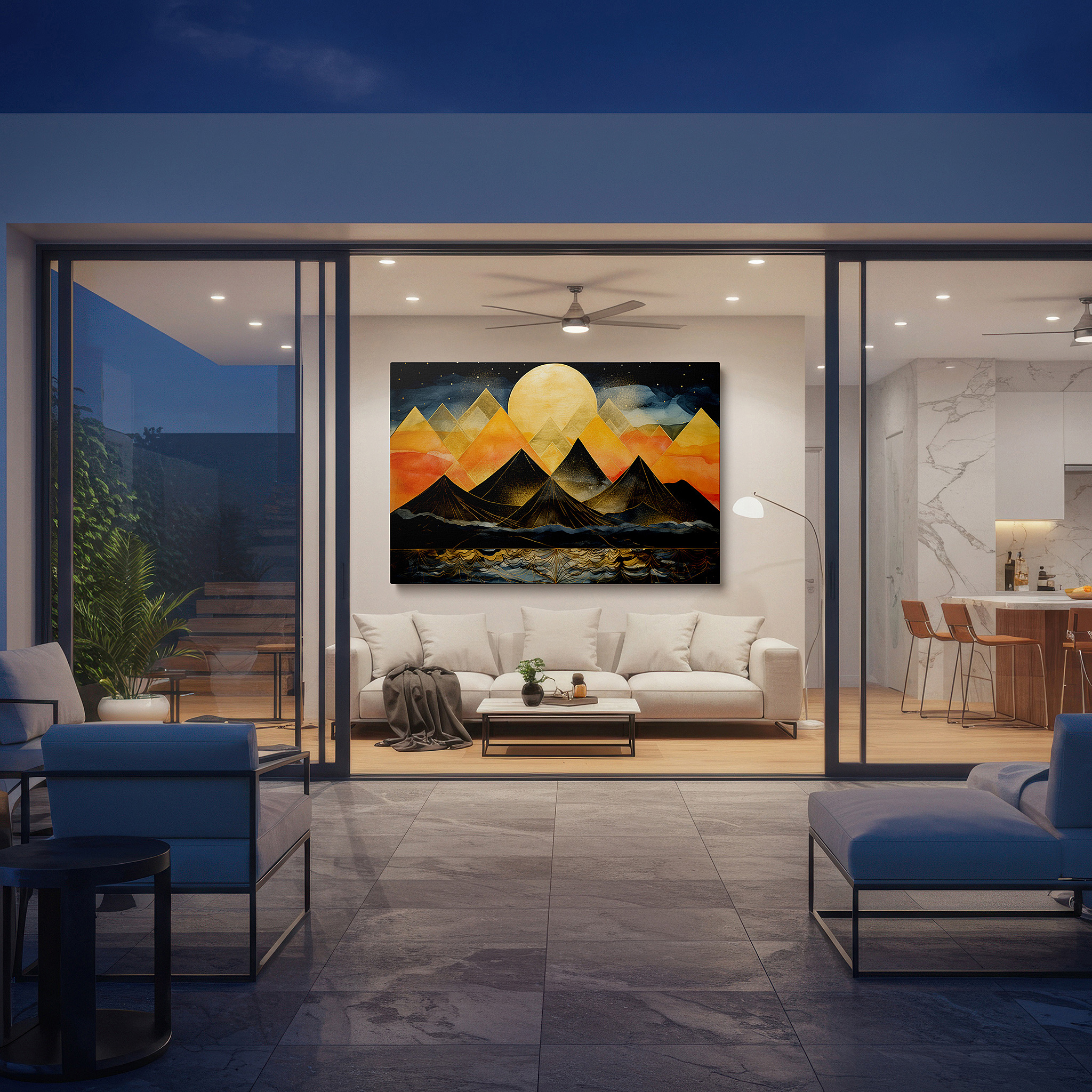 Installation made easy with a centered hook and clean wire mount — majestic mountains and radiant sunlight: a serene landscape of reflection and tranquility - large canvas wall art decor