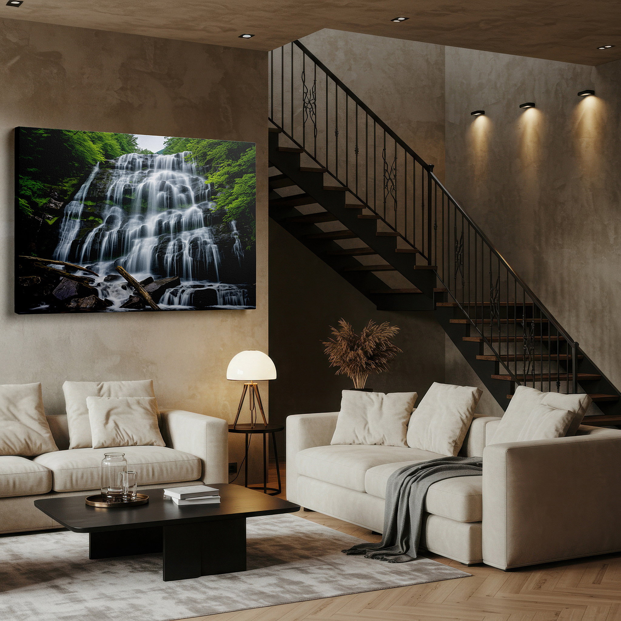 Installation made easy with a centered hook and clean wire mount — majestic waterfall surrounded by lush forest, serene getaway with vibrant greenery and dynamic lighting, large wall art, canvas wall art, wall decor for office
