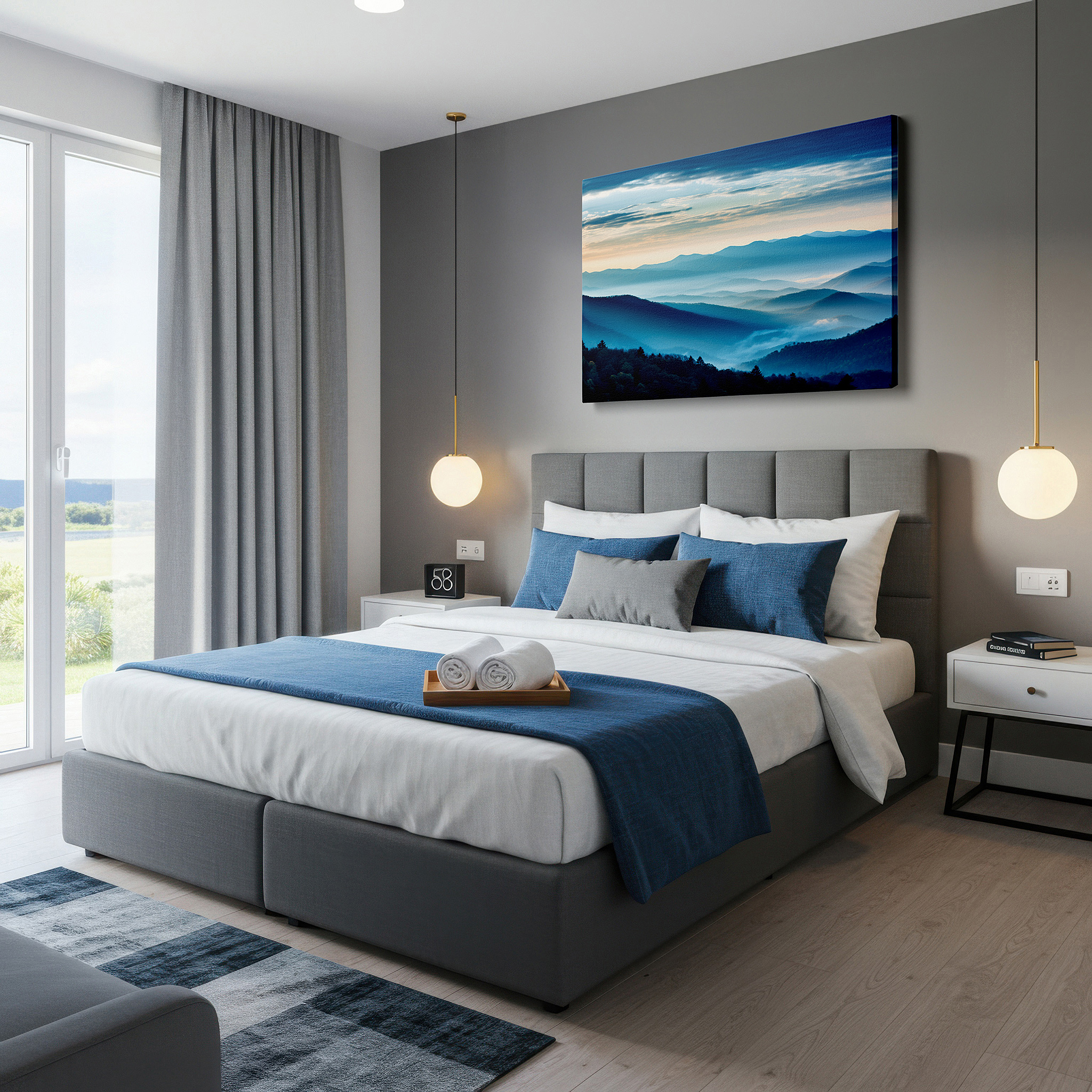 Installation made easy with a centered hook and clean wire mount — misty mountain blues at ethereal dawn: tranquil nature escape large canvas wall art for office and bedroom decor