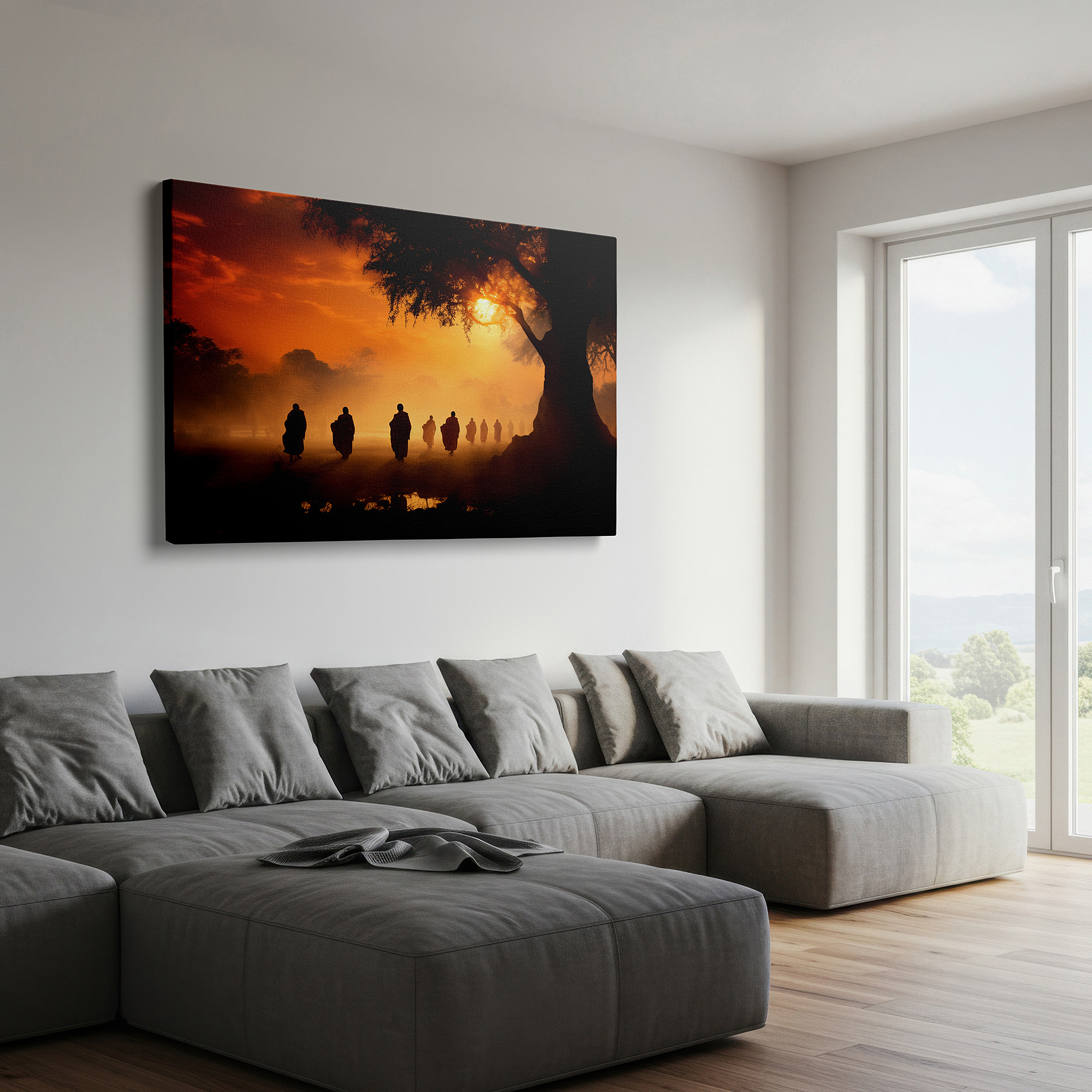 Installation made easy with a centered hook and clean wire mount — monks' procession towards enlightenment amidst nature's glow - large canvas wall art for office, bedroom, and living room decor