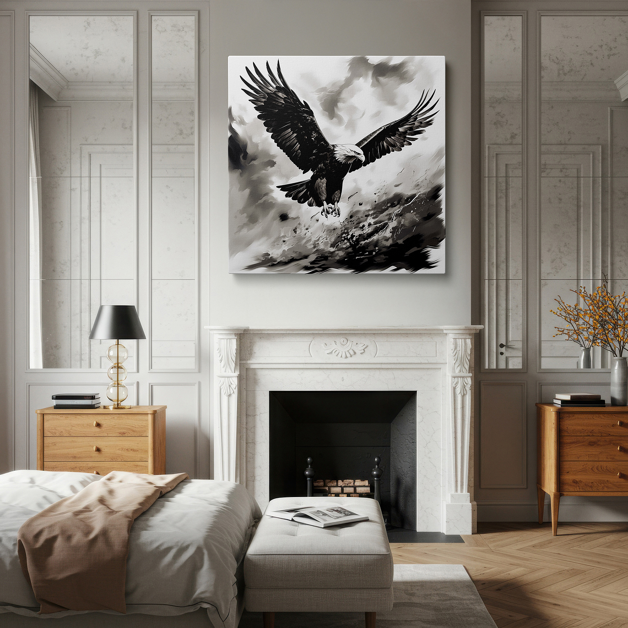 Installation made easy with a centered hook and clean wire mount — monochrome majestic eagle soaring in turbulent skies large canvas wall art for office and bedroom decor