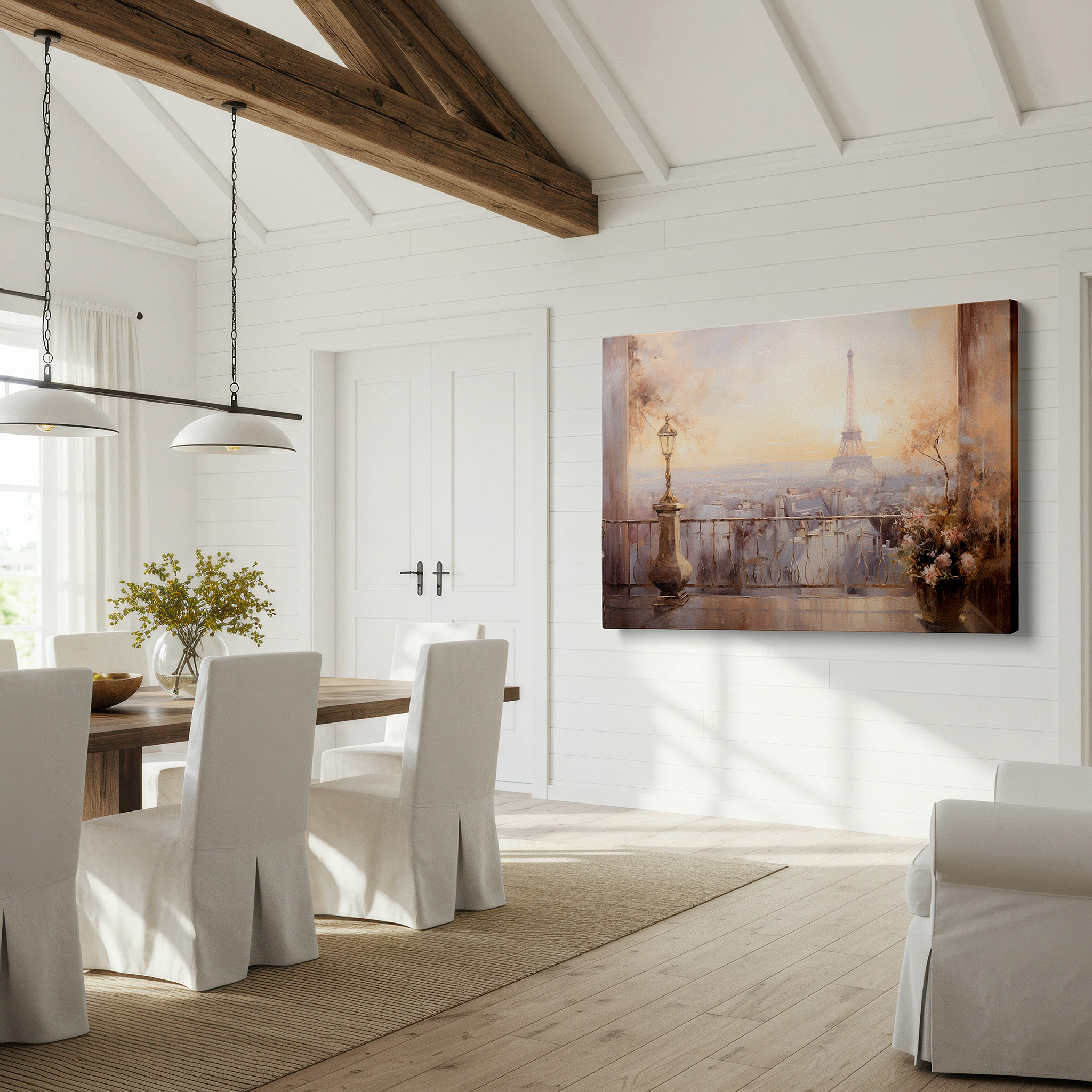 Installation made easy with a centered hook and clean wire mount — parisian balcony with eiffel tower view at sunset - large canvas wall art for office and bedroom decor