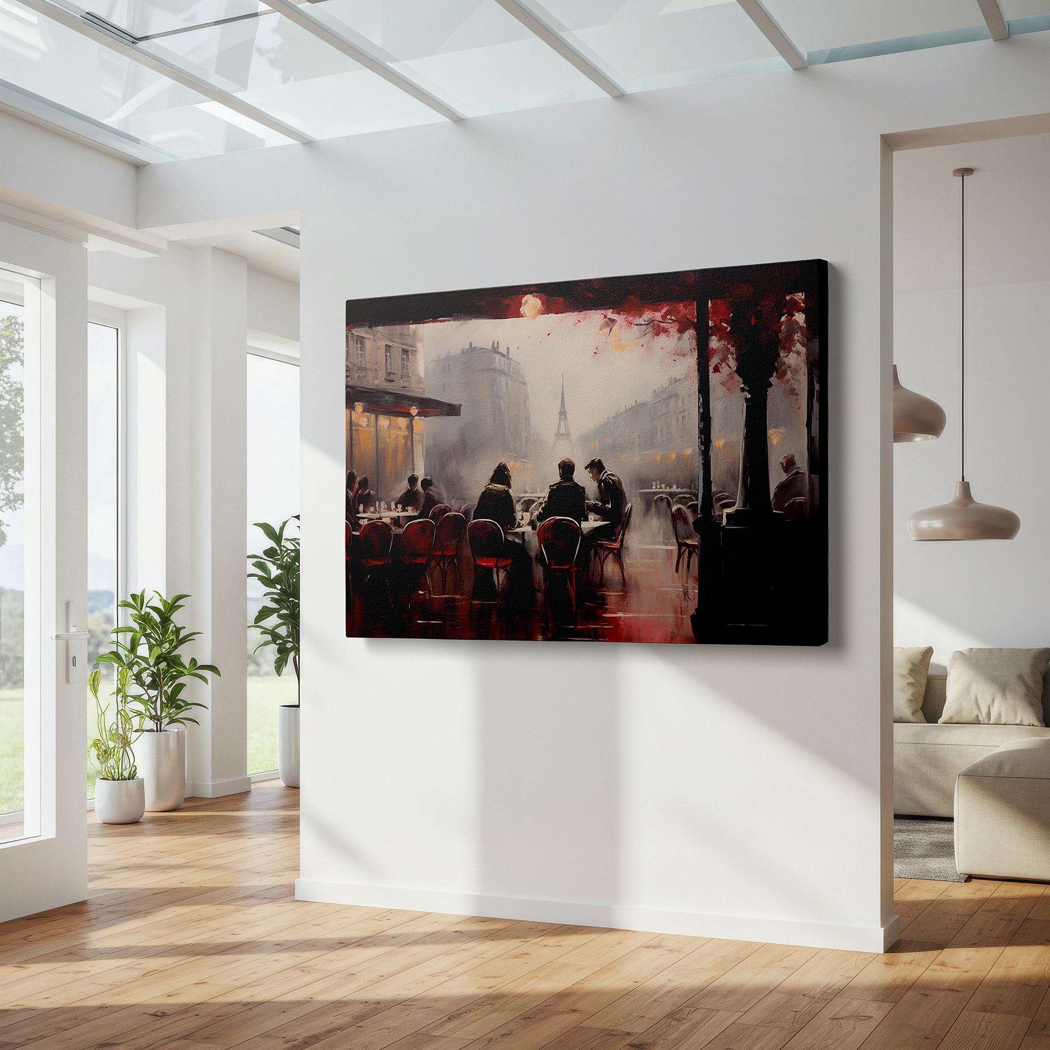 Installation made easy with a centered hook and clean wire mount — parisian café scene with red awnings and eiffel tower view large canvas wall art for office and bedroom decor