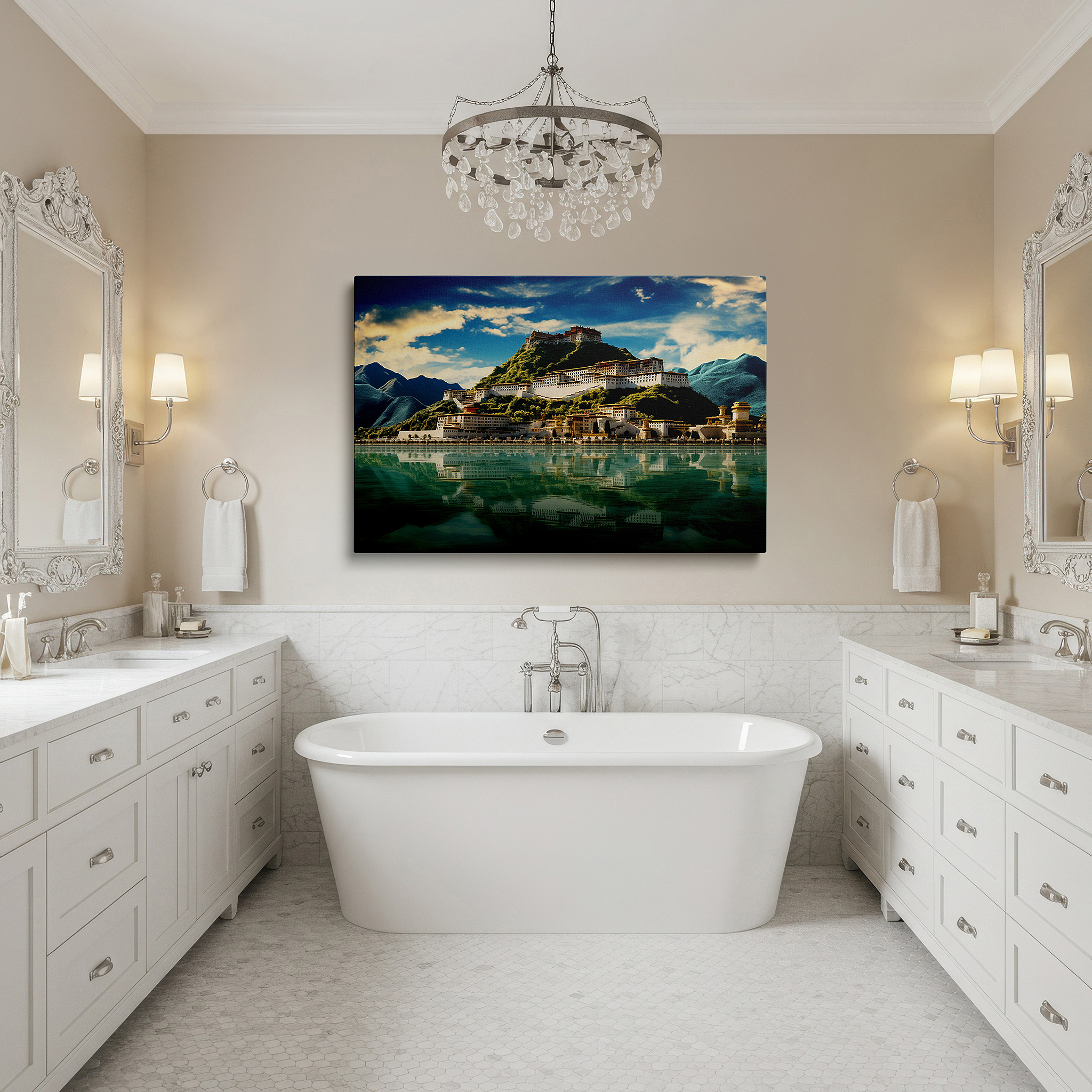 Installation made easy with a centered hook and clean wire mount — potala palace: a majestic symbol of peace and spiritual strength, set against lush green mountains and blue skies - large canvas wall art decor