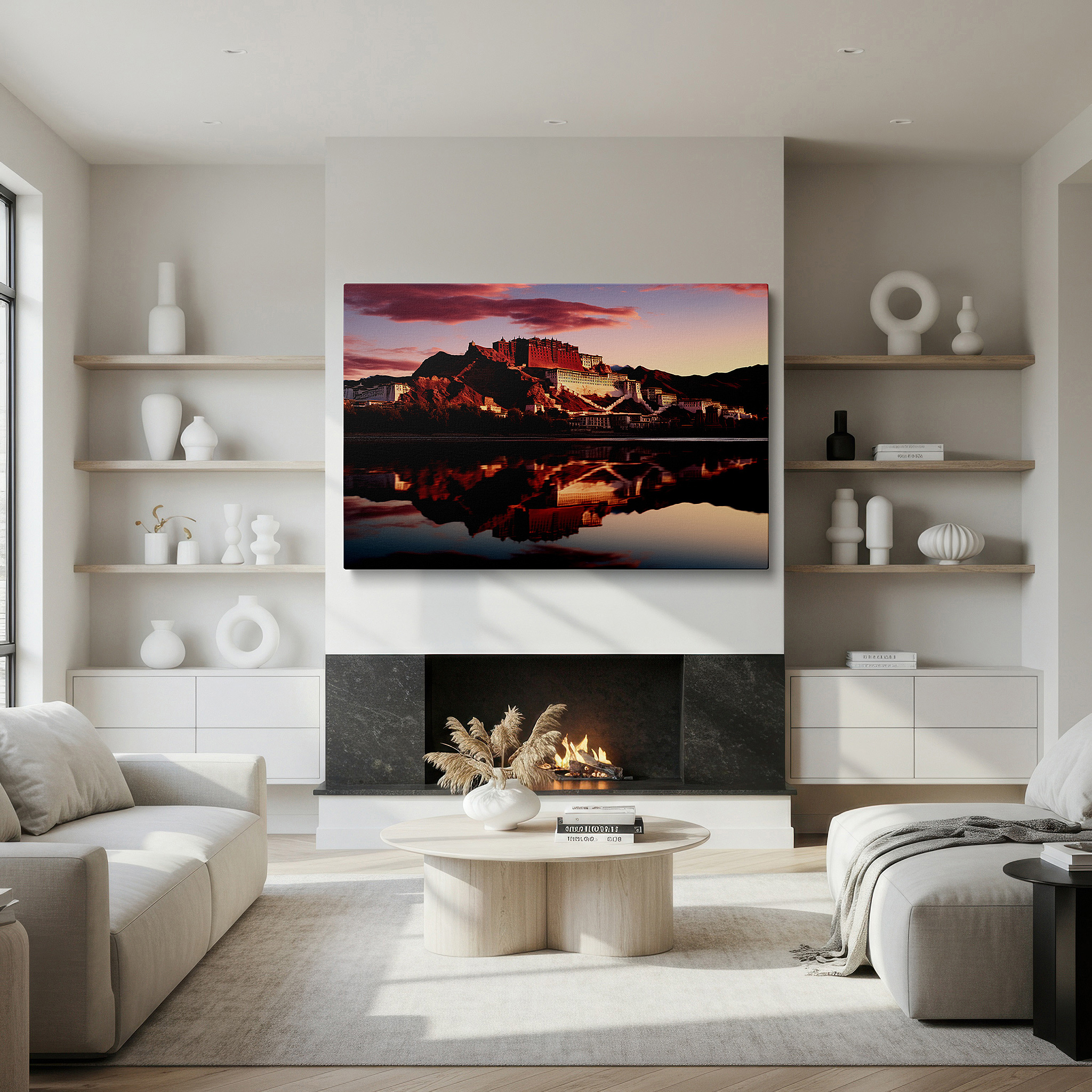 Installation made easy with a centered hook and clean wire mount — potala palace twilight majesty: large canvas wall art reflecting tibetan culture for office and bedroom decor