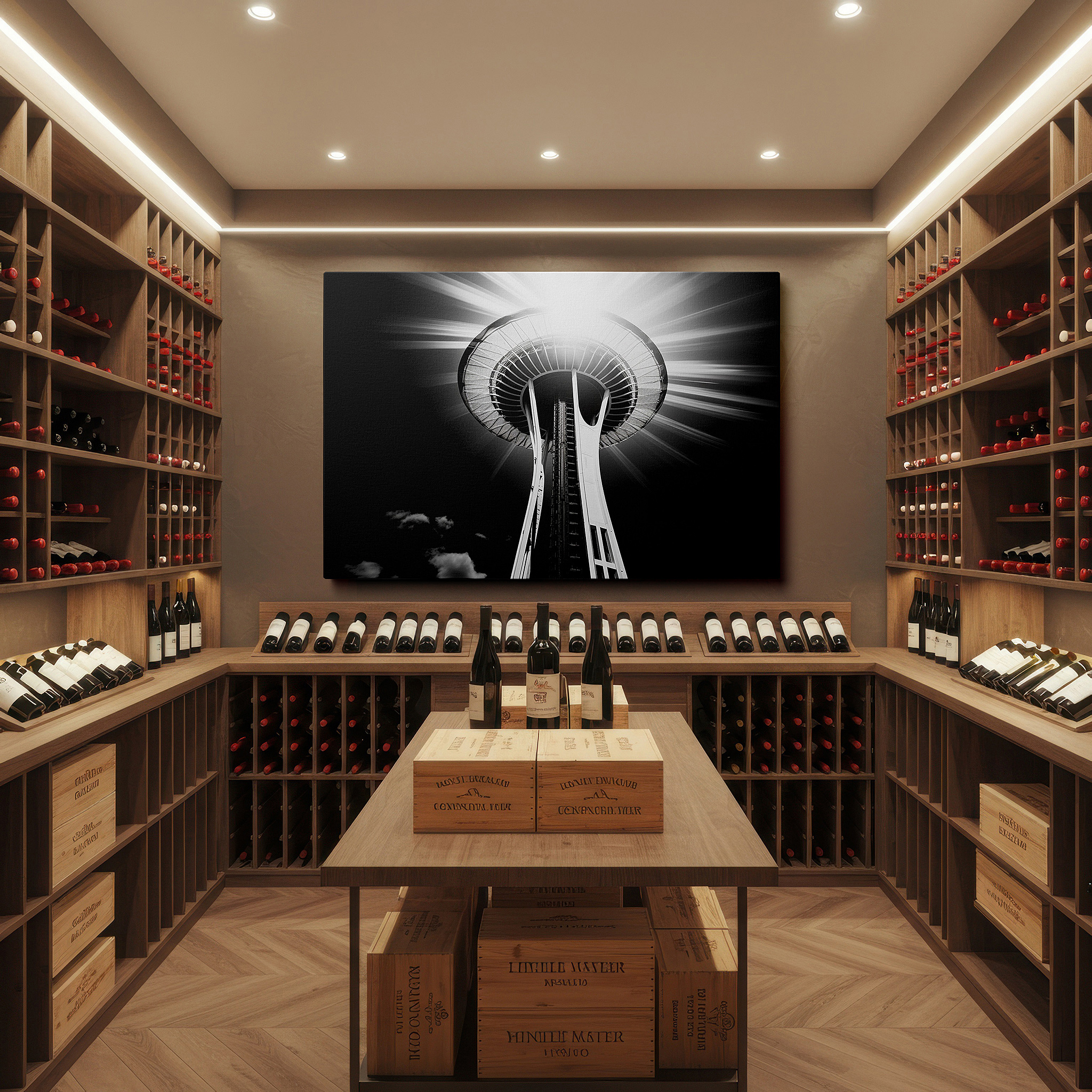 Installation made easy with a centered hook and clean wire mount — seattle space needle in dramatic black and white: a masterful interplay of light and shadow, large canvas wall art for office decor