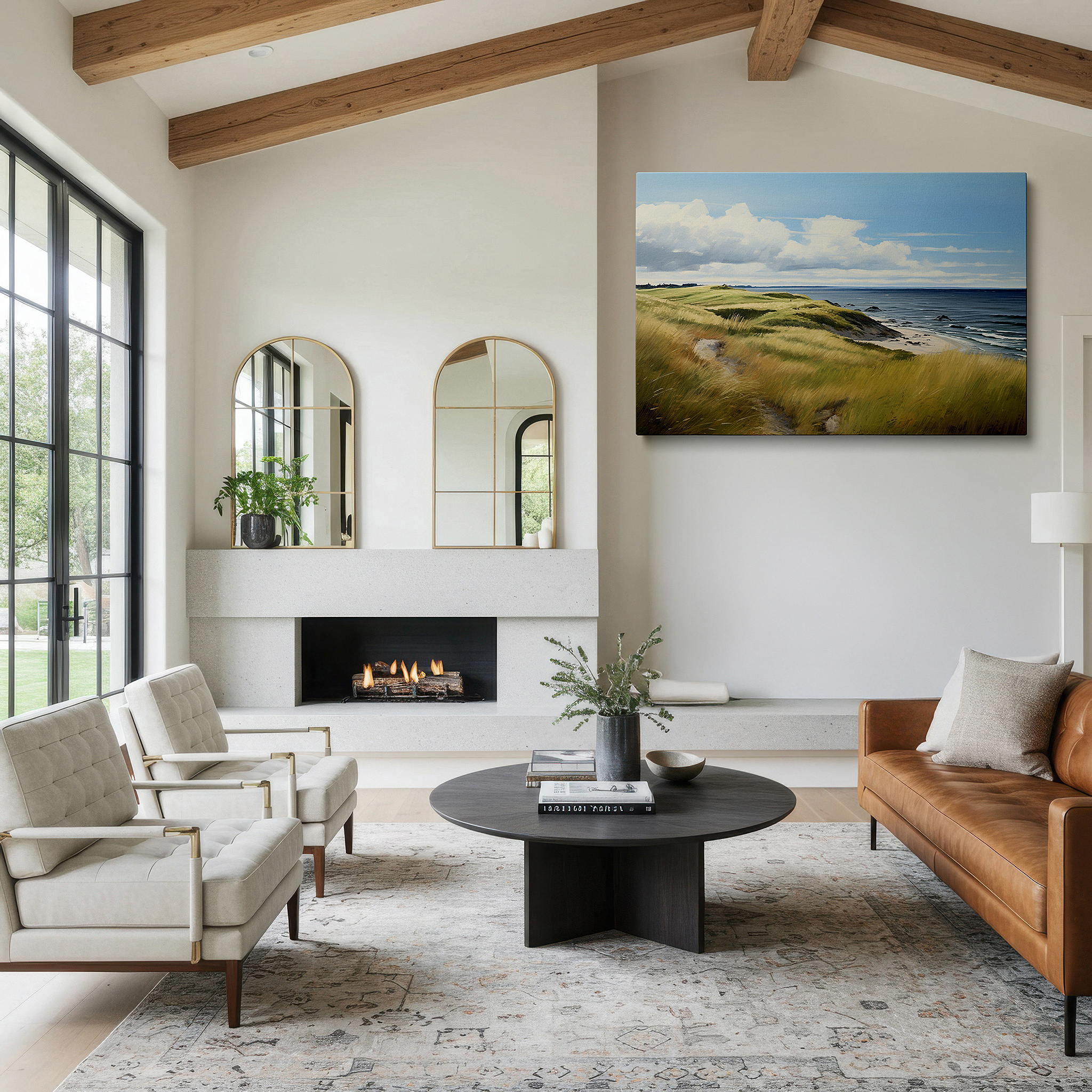 Installation made easy with a centered hook and clean wire mount — serene beach scene with gentle waves and sunlit sands - large canvas wall art for home and office decor
