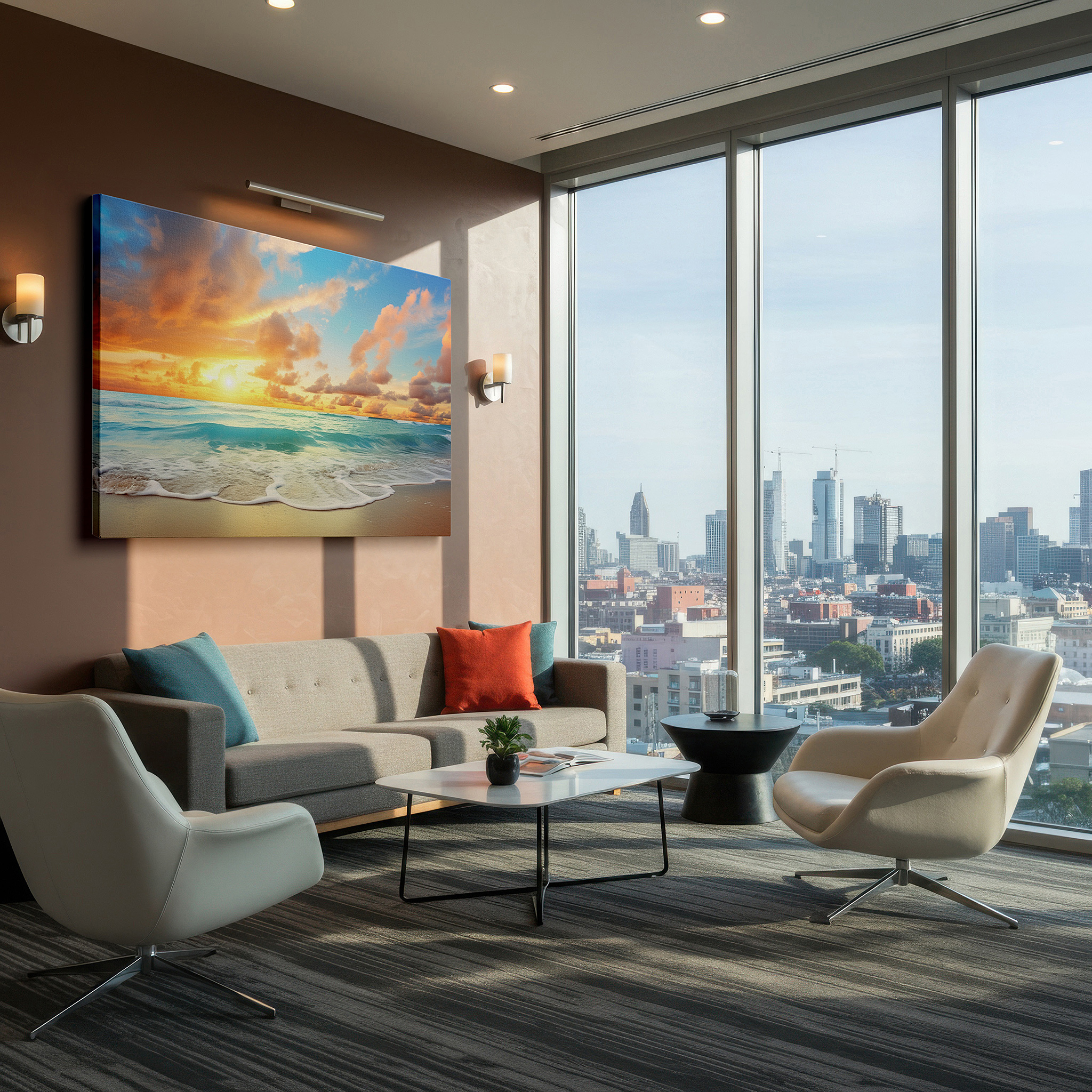 Installation made easy with a centered hook and clean wire mount — serene beach sunrise: tranquil morning beauty with golden light on ocean waves - large canvas wall art for home and office decor